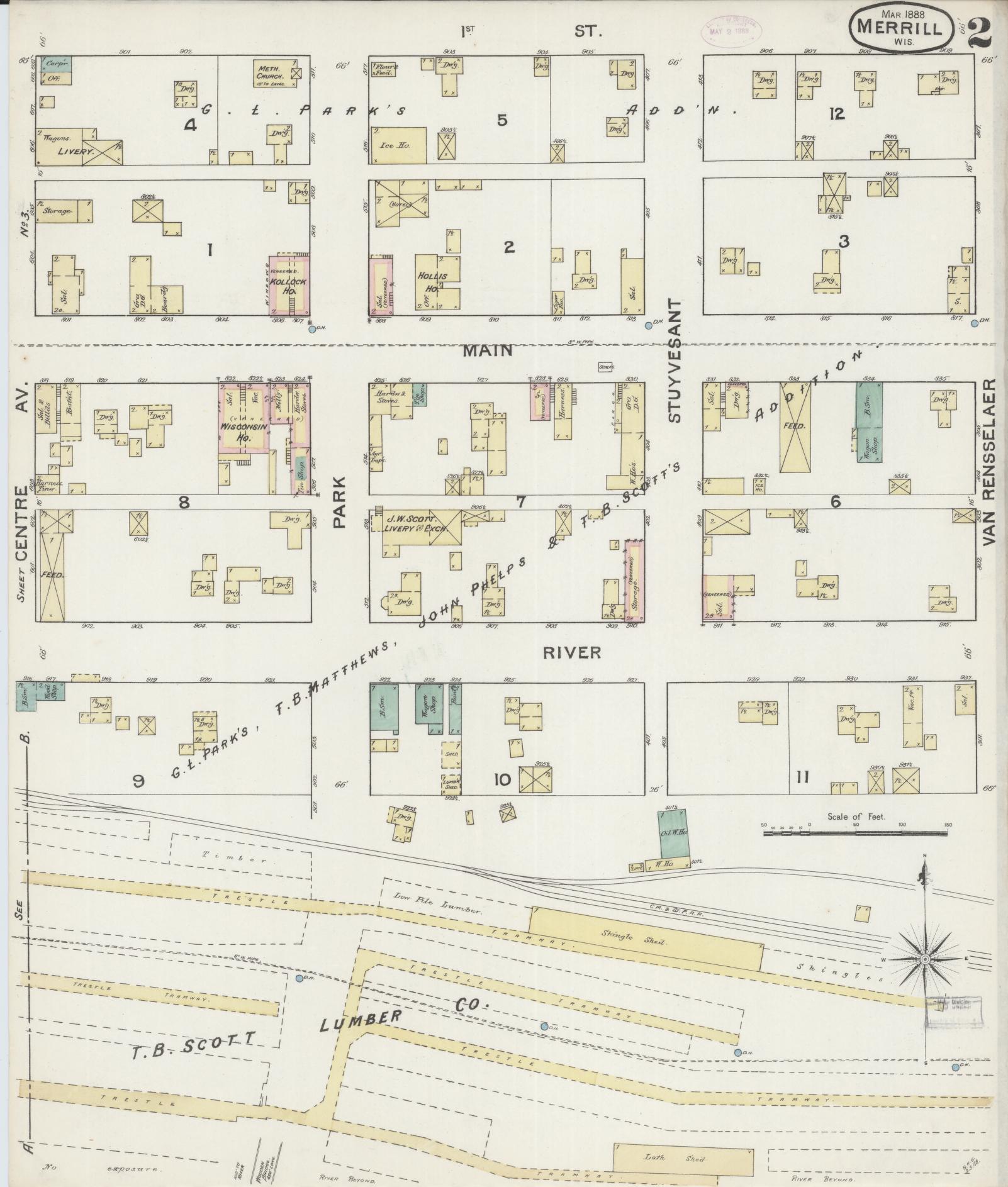Sanborn Fire Insurance Map from Merrill, Lincoln County, Wisconsin (1888), Sheet #0002 - Historic Sanborn Fire Insurance Map Print, vintage old map wall art, antique decor, genealogy gift, Wisconsin Wisconsin map