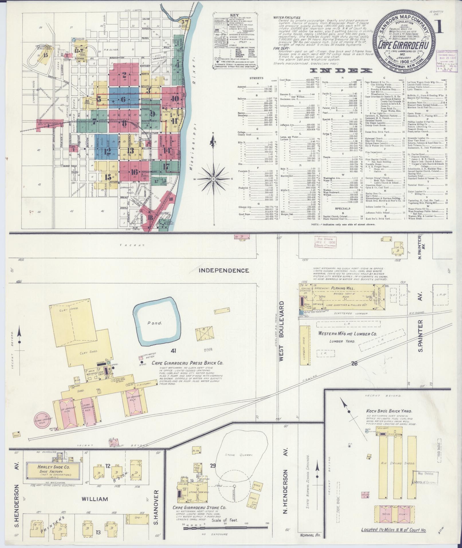 Sanborn Fire Insurance Map from Cape Girardeau, Cape Girardeau County, Missouri (1908), Sheet #0001 - Historic Sanborn Fire Insurance Map Print, vintage old map wall art, antique decor, genealogy gift, Missouri Missouri map