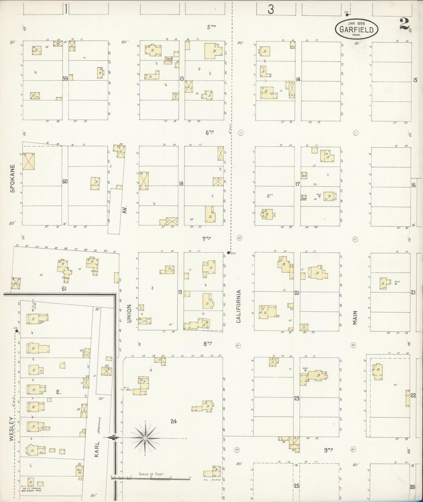 Sanborn Fire Insurance Map from Garfield, Whitman County, Washington (1899), Sheet #0002 - Complete Map Set gallery image, historic Sanborn map, vintage wall art, Washington Washington