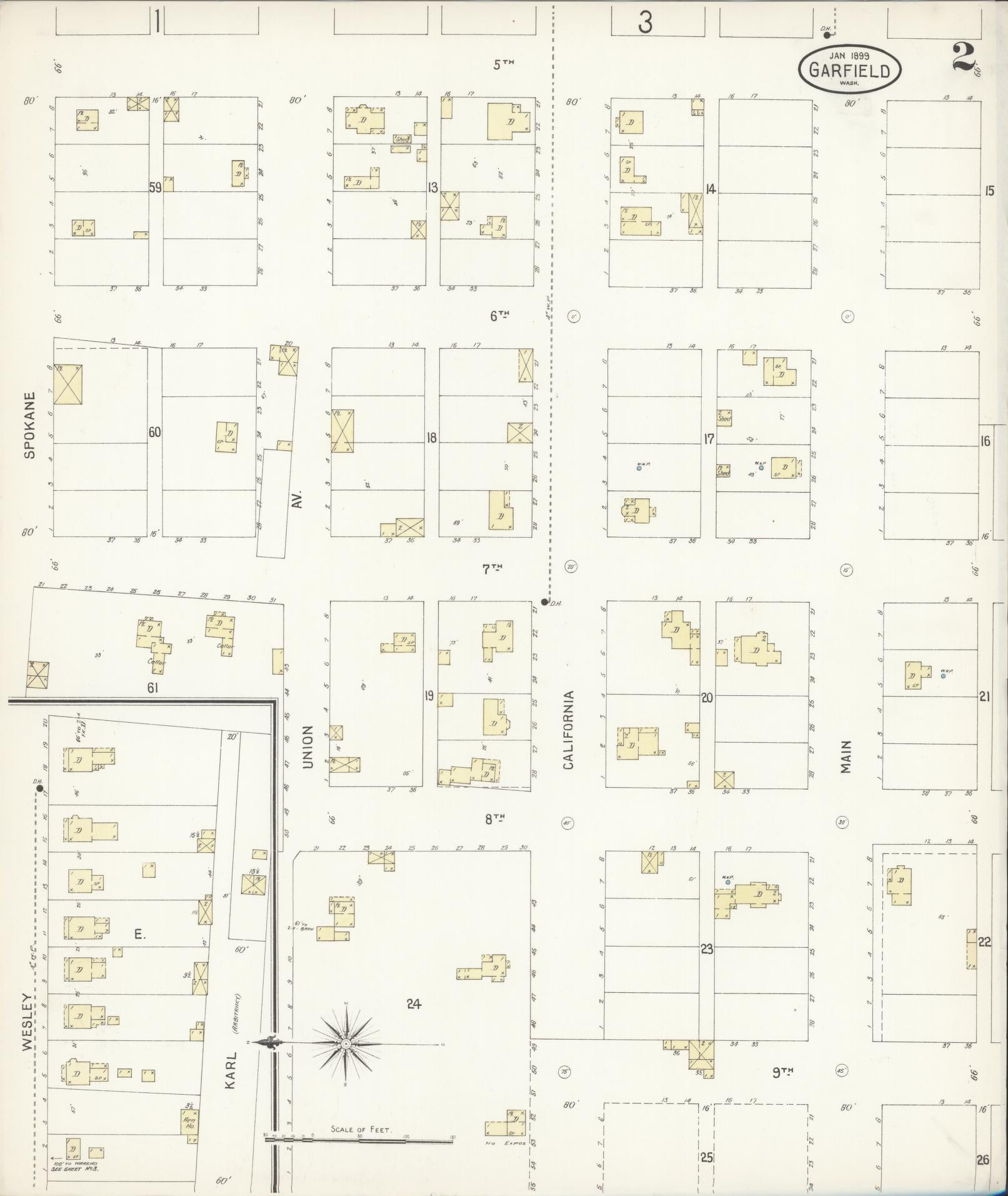Sanborn Fire Insurance Map from Garfield, Whitman County, Washington (1899), Sheet #0002 - Complete Map Set gallery image, historic Sanborn map, vintage wall art, Washington Washington