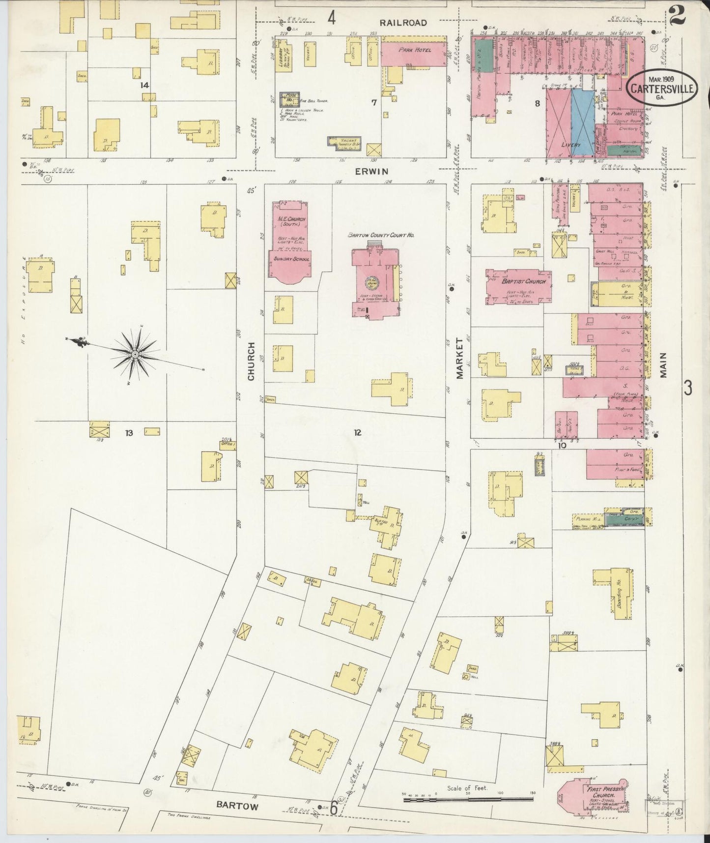 Sanborn Fire Insurance Map from Cartersville, Bartow County, Georgia (1909), Sheet #0002 - Complete Map Set gallery image, historic Sanborn map, vintage wall art, Georgia Georgia