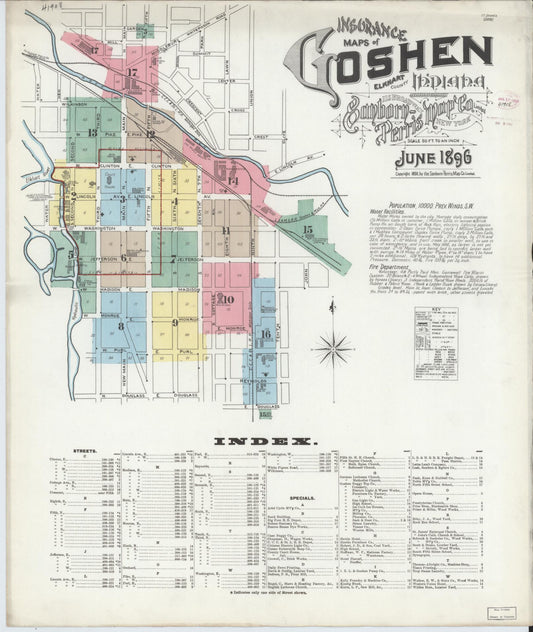 Sanborn Fire Insurance Map from Goshen, Elkhart County, Indiana (1896), Sheet #0001 - Historic Sanborn Fire Insurance Map Print, vintage old map wall art, antique decor, genealogy gift, Indiana Indiana map
