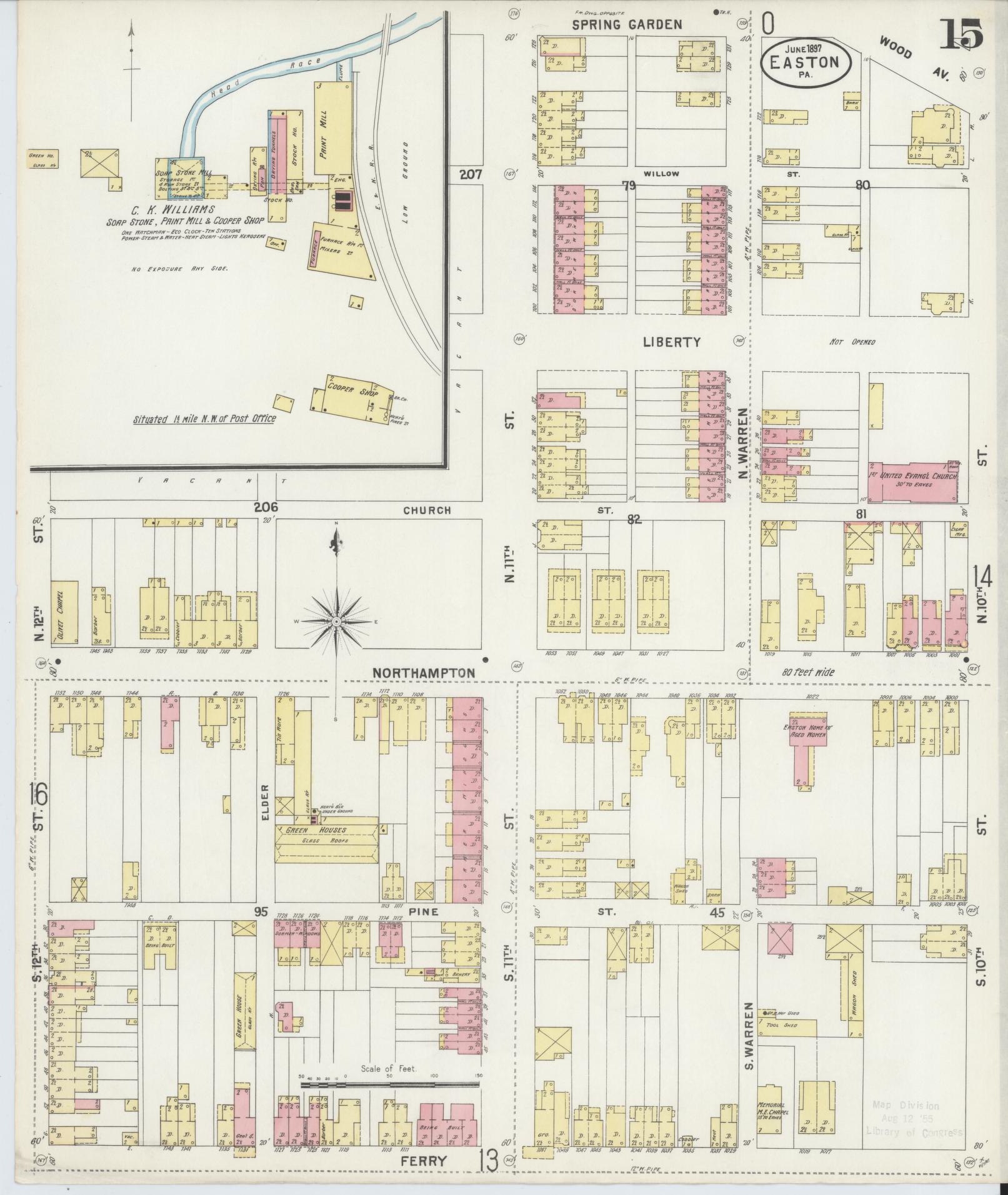 Sanborn Fire Insurance Map from Easton, Northampton County, Pennsylvania (1897), Sheet #0015 - Historic Sanborn Fire Insurance Map Print, vintage old map wall art, antique decor, genealogy gift, Pennsylvania Pennsylvania map