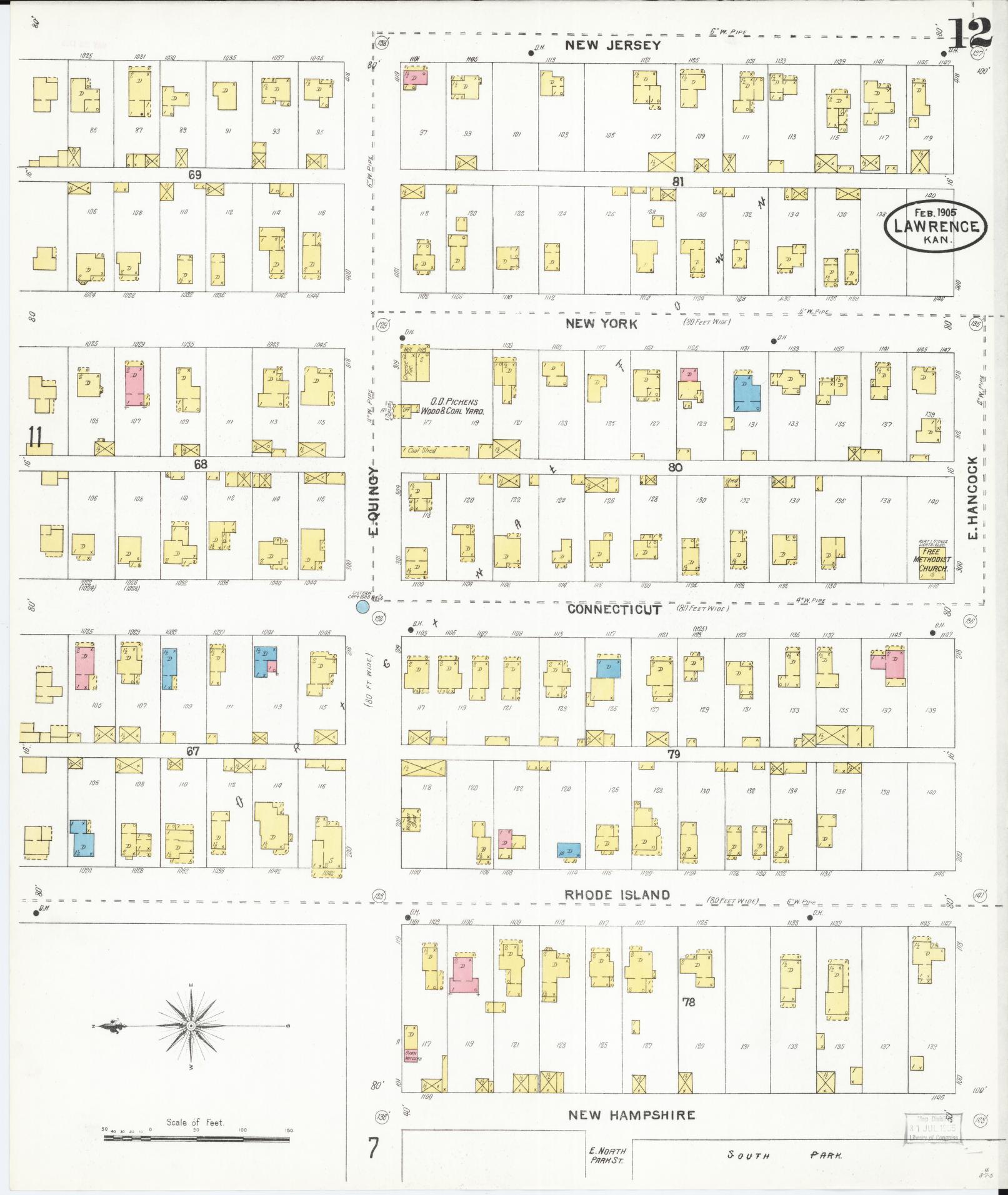 Sanborn Fire Insurance Map from Lawrence, Douglas County, Kansas (1905), Sheet #0012 - Complete Map Set gallery image, historic Sanborn map, vintage wall art, Kansas Kansas