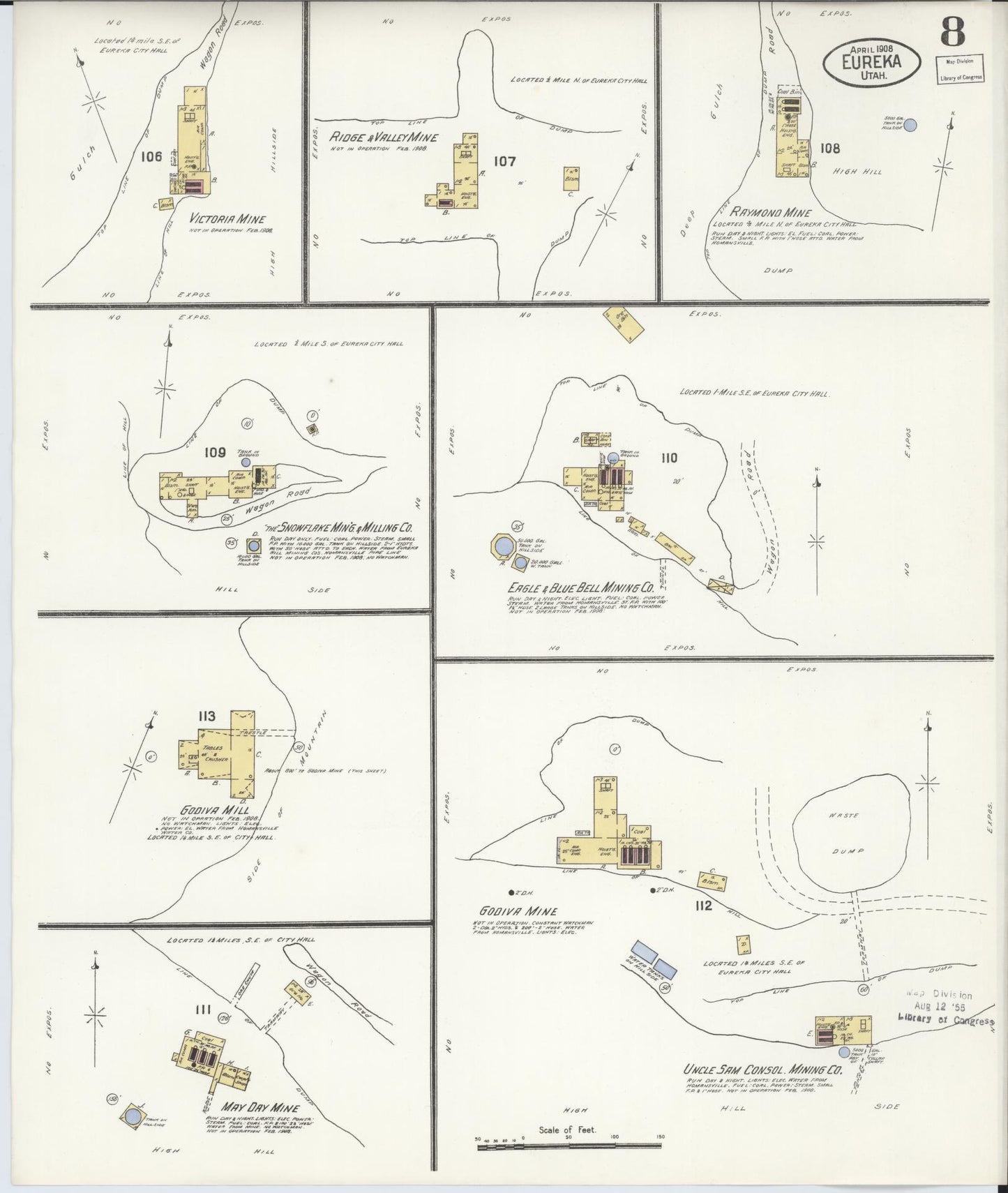 Sanborn Fire Insurance Map from Eureka, Juab County, Utah (1908), Sheet #0008 - Historic Sanborn Fire Insurance Map Print, vintage old map wall art, antique decor, genealogy gift, Utah Utah map