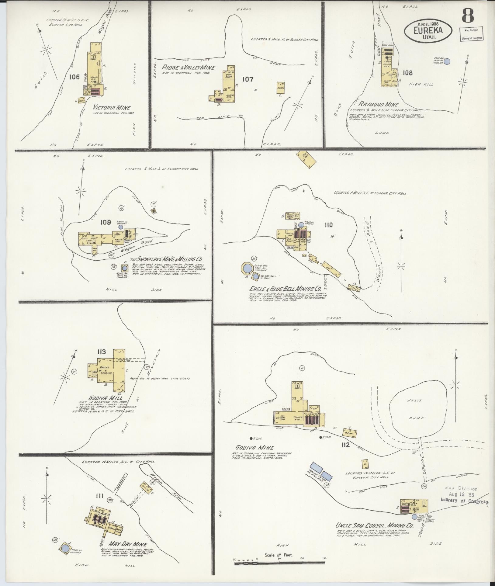 Sanborn Fire Insurance Map from Eureka, Juab County, Utah (1908), Sheet #0008 - Historic Sanborn Fire Insurance Map Print, vintage old map wall art, antique decor, genealogy gift, Utah Utah map