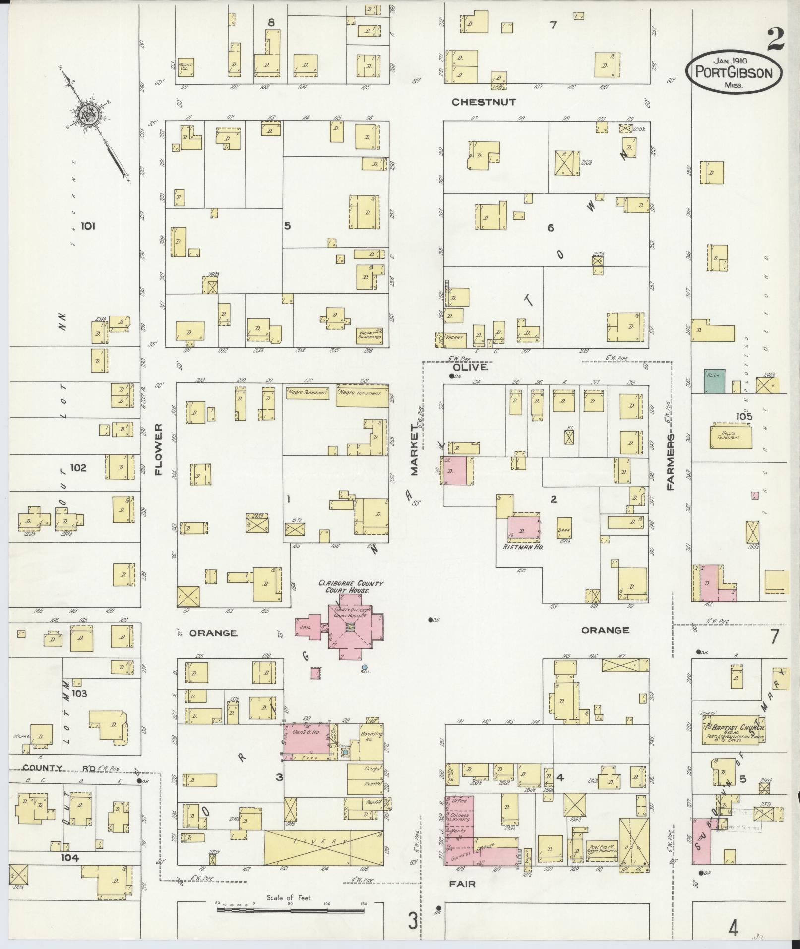 Sanborn Fire Insurance Map from Port Gibson, Claiborne County, Mississippi (1910), Sheet #0002 - Historic Sanborn Fire Insurance Map Print, vintage old map wall art, antique decor, genealogy gift, Mississippi Mississippi map