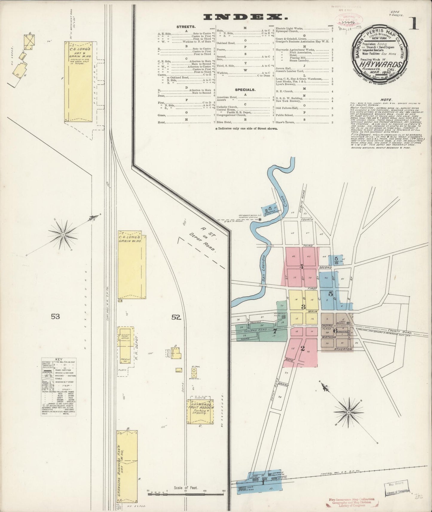 Sanborn Fire Insurance Map from Hayward, Alameda County, California (1893), Sheet #0001 - Complete Map Set gallery image, historic Sanborn map, vintage wall art, California California