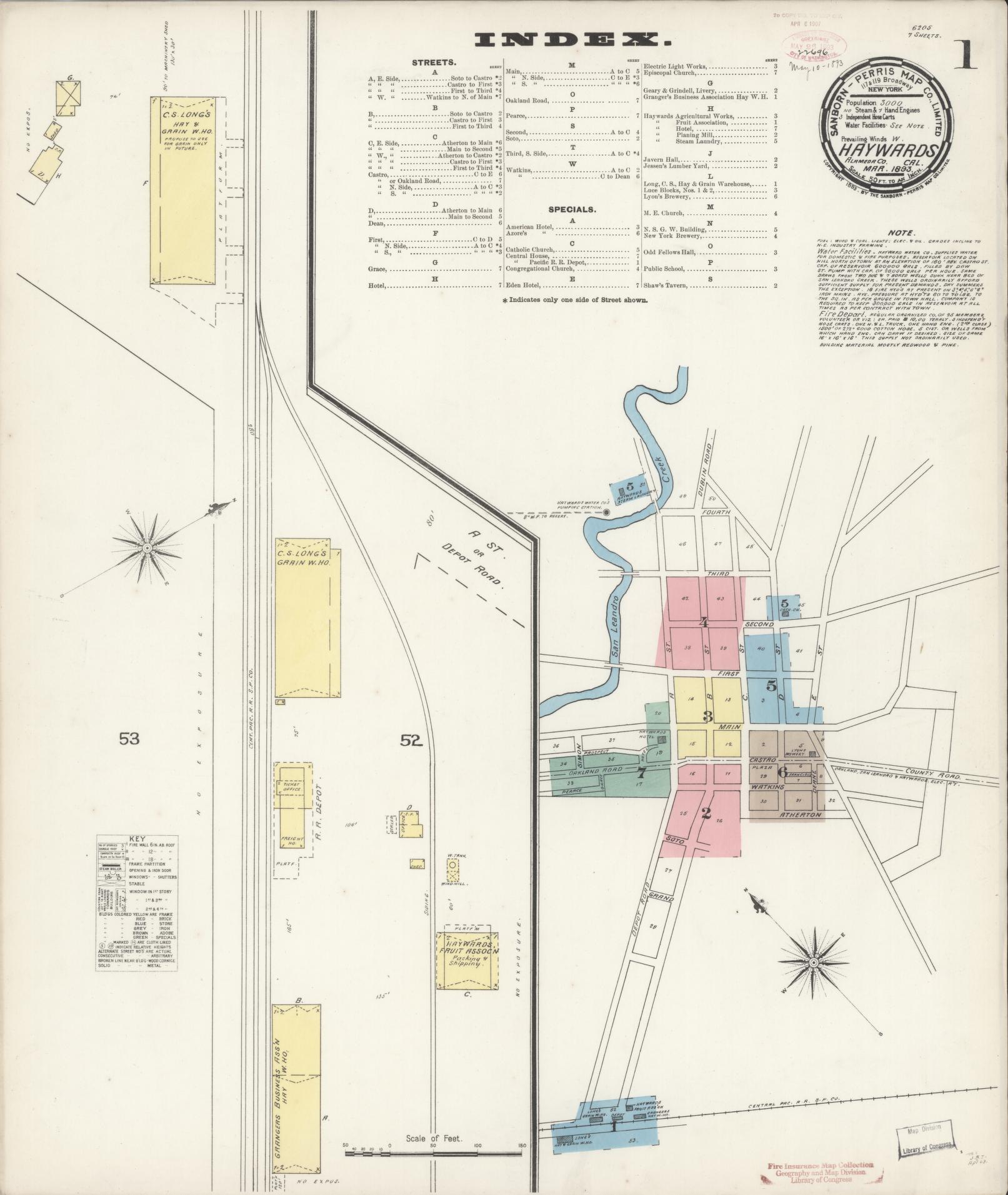 Sanborn Fire Insurance Map from Hayward, Alameda County, California (1893), Sheet #0001 - Complete Map Set gallery image, historic Sanborn map, vintage wall art, California California