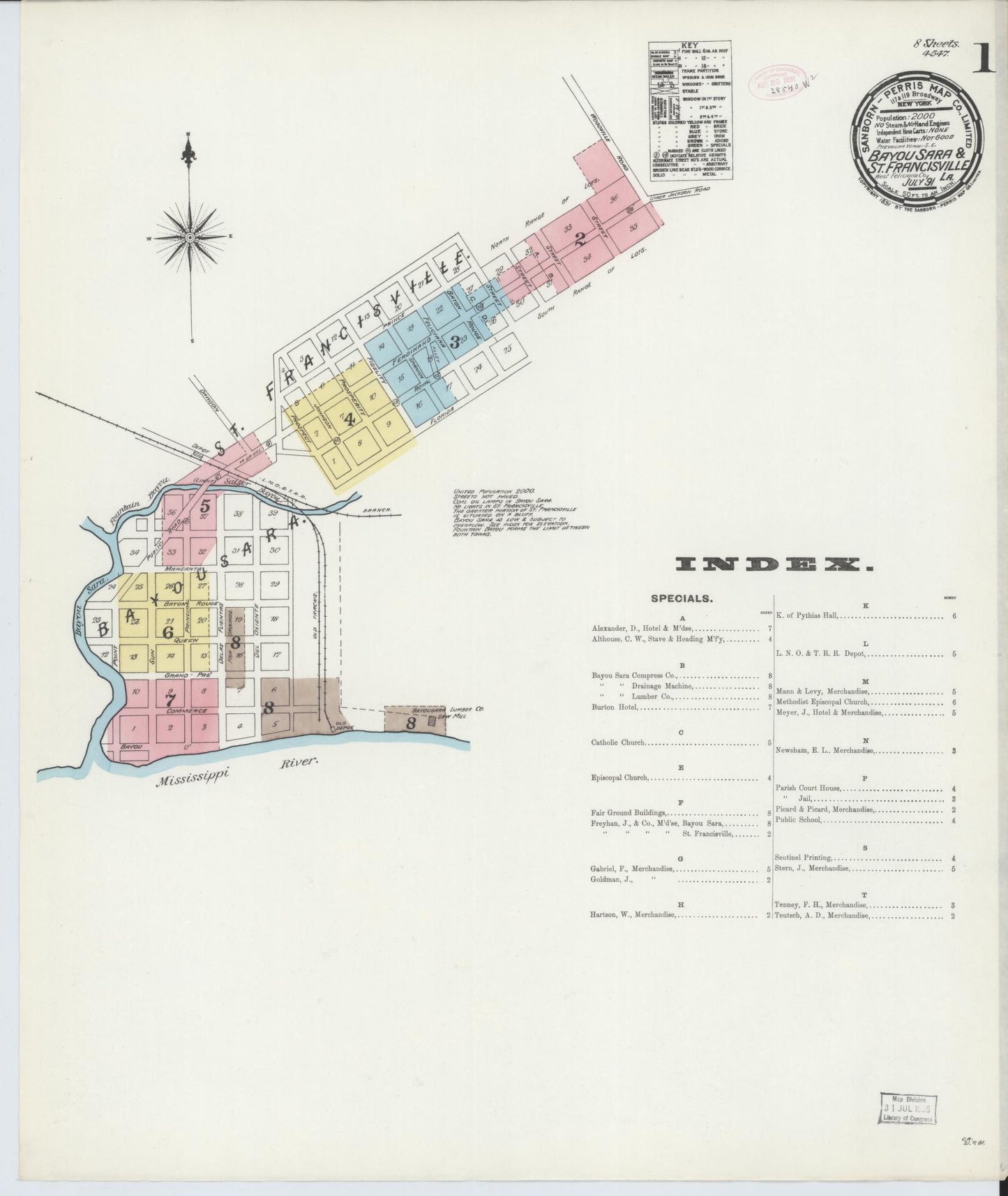 Sanborn Fire Insurance Map from Bayou Sara, West Feliciana Parish, Louisiana (1891), Sheet #0001 - Complete Map Set gallery image, historic Sanborn map, vintage wall art, Louisiana Louisiana