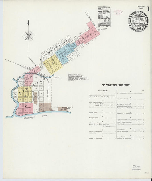 Sanborn Fire Insurance Map from Bayou Sara, West Feliciana Parish, Louisiana (1891), Sheet #0001 - Complete Map Set gallery image, historic Sanborn map, vintage wall art, Louisiana Louisiana