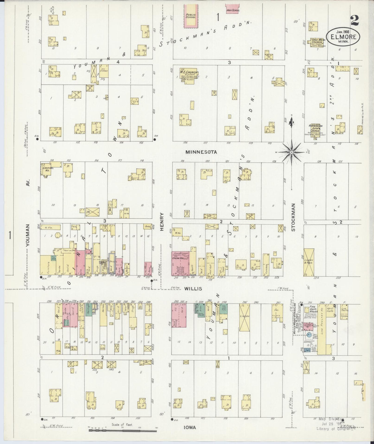 Sanborn Fire Insurance Map from Elmore, Faribault County, Minnesota (1908), Sheet #0002 - Historic Sanborn Fire Insurance Map Print, vintage old map wall art, antique decor, genealogy gift, Minnesota Minnesota map