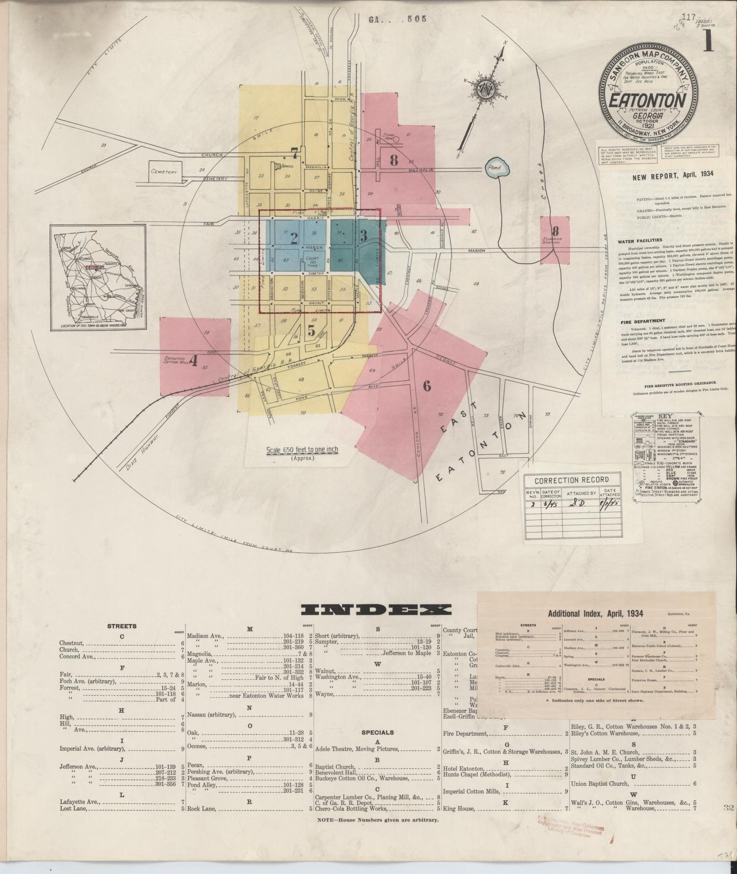 Sanborn Fire Insurance Map from Eatonton, Putnam County, Georgia (1945), Sheet #0001 - Historic Sanborn Fire Insurance Map Print, vintage old map wall art, antique decor, genealogy gift, Georgia Georgia map