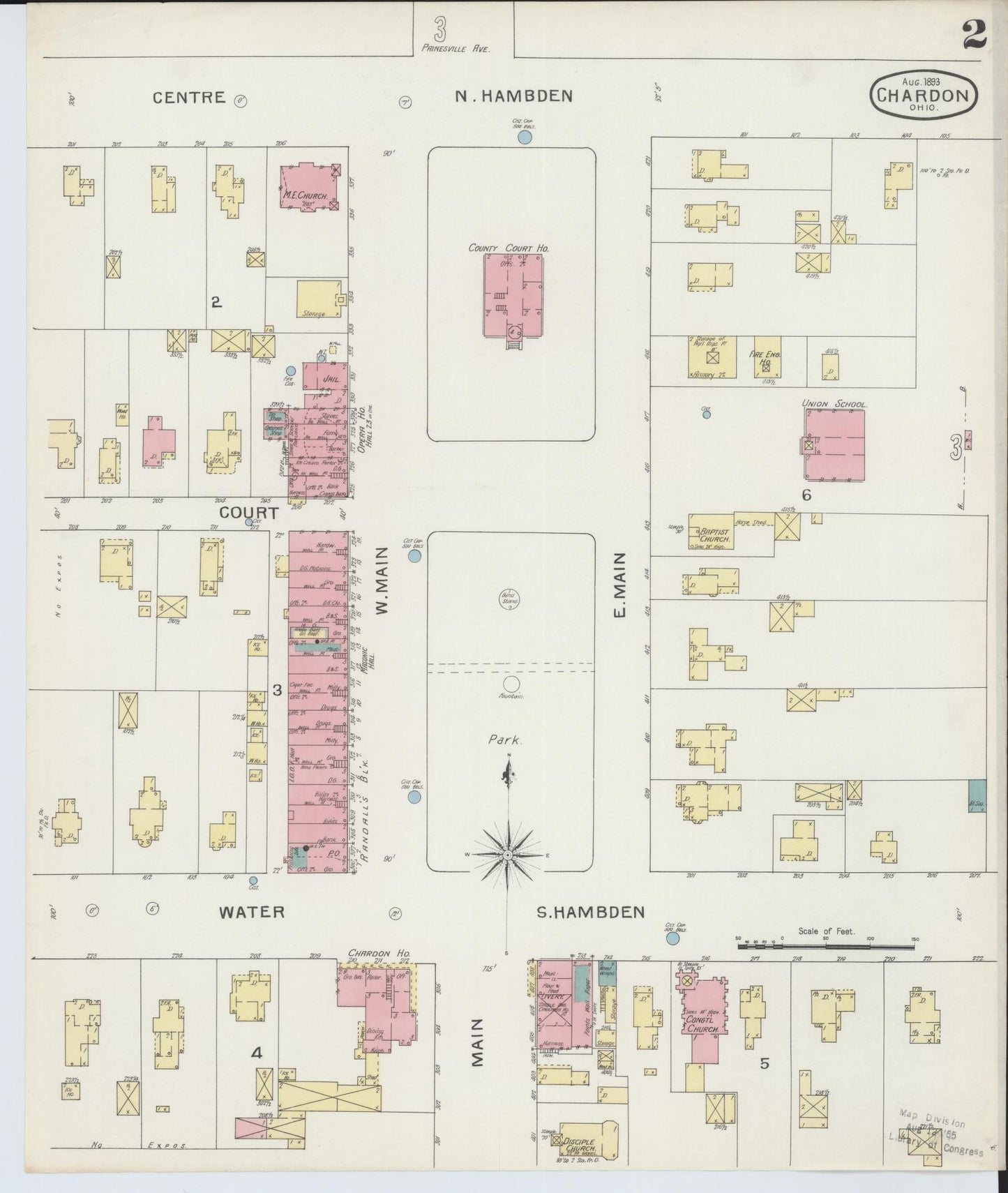 Sanborn Fire Insurance Map from Chardon, Geauga County, Ohio (1893), Sheet #0002 - Historic Sanborn Fire Insurance Map Print, vintage old map wall art, antique decor, genealogy gift, Ohio Ohio map
