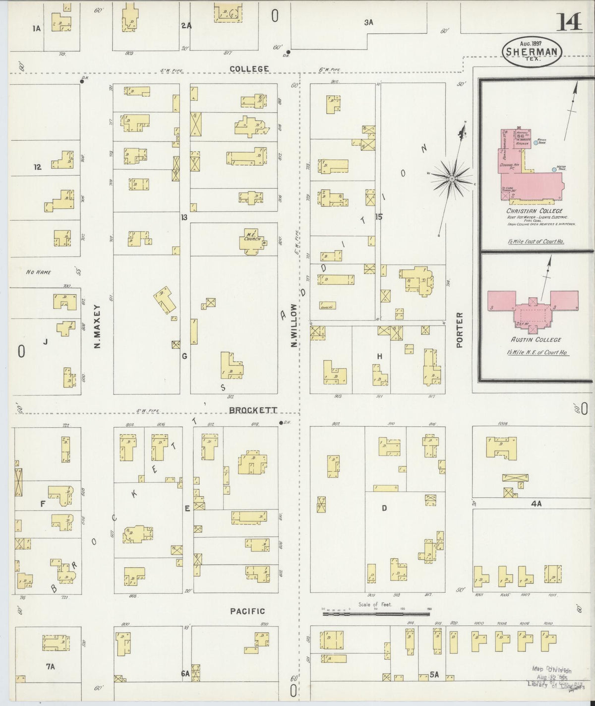 Sanborn Fire Insurance Map from Sherman, Grayson County, Texas (1897), Sheet #0014 - Historic Sanborn Fire Insurance Map Print, vintage old map wall art, antique decor, genealogy gift, Texas Texas map