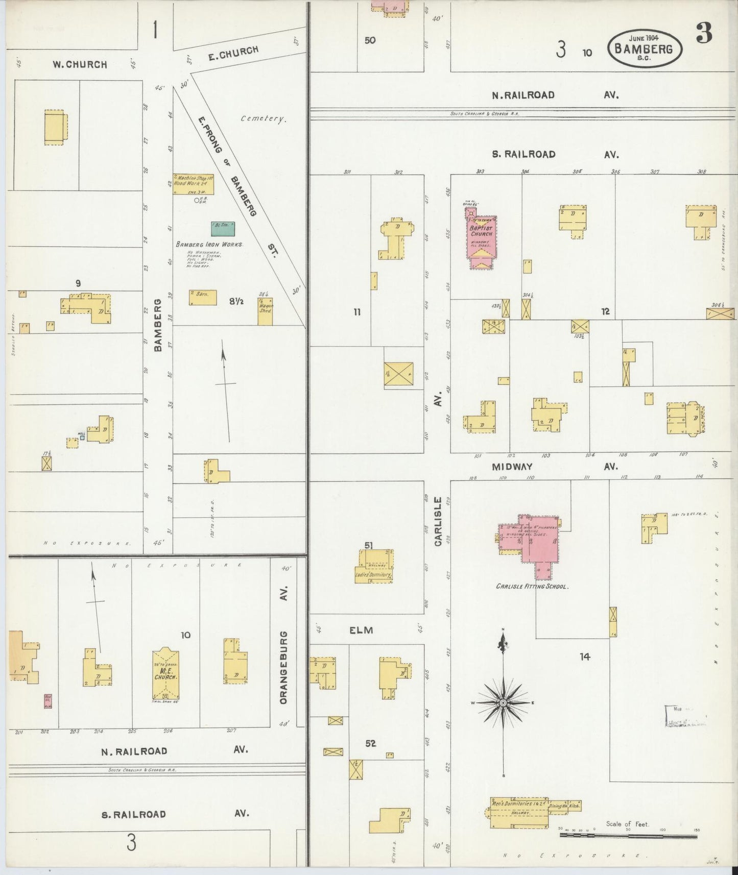 Sanborn Fire Insurance Map from Bamberg, Bamberg County, South Carolina (1904), Sheet #0003 - Complete Map Set gallery image, historic Sanborn map, vintage wall art, South Carolina South Carolina