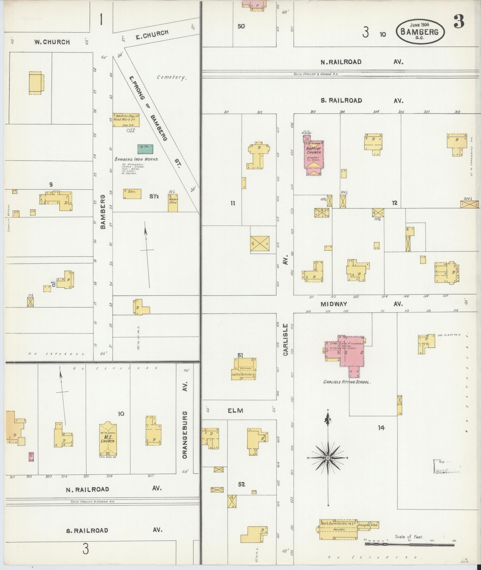 Sanborn Fire Insurance Map from Bamberg, Bamberg County, South Carolina (1904), Sheet #0003 - Complete Map Set gallery image, historic Sanborn map, vintage wall art, South Carolina South Carolina