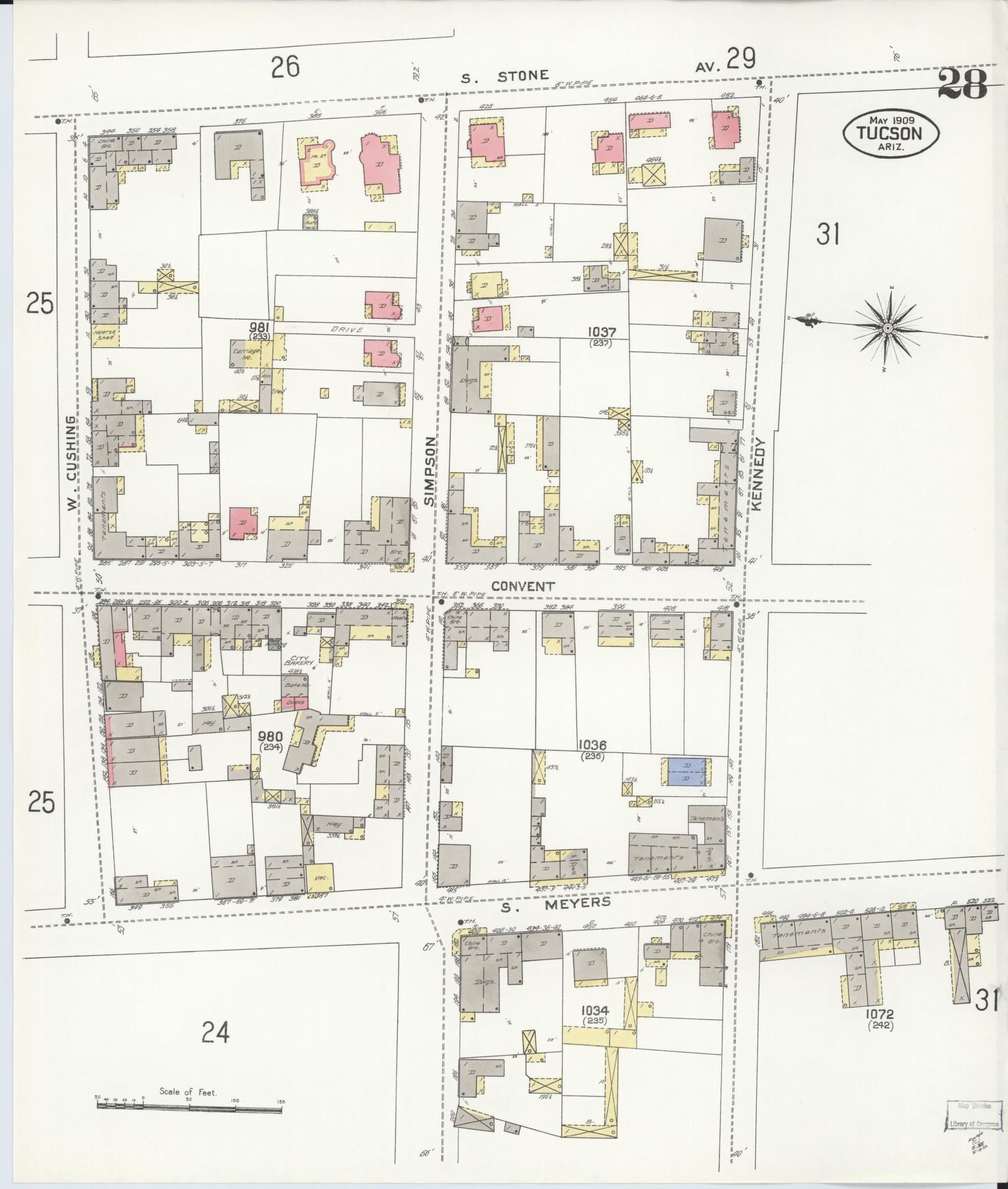 Sanborn Fire Insurance Map from Tucson, Pima County, Arizona (1909), Sheet #0028 - Complete Map Set gallery image, historic Sanborn map, vintage wall art, Arizona Arizona
