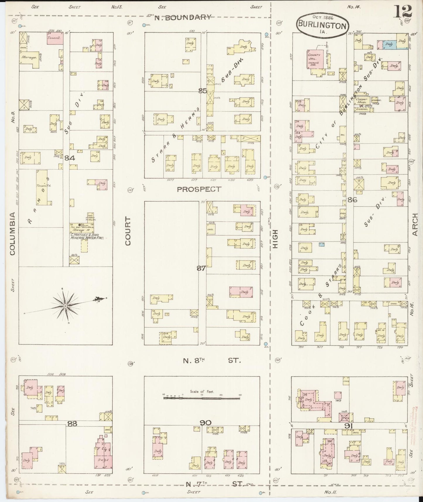 Sanborn Fire Insurance Map from Burlington, Des Moines County, Iowa (1888), Sheet #0012 - Historic Sanborn Fire Insurance Map Print, vintage old map wall art
