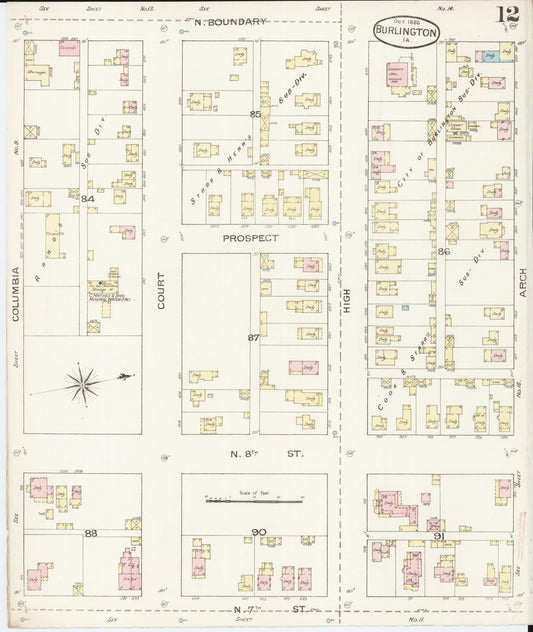 Sanborn Fire Insurance Map from Burlington, Des Moines County, Iowa (1888), Sheet #0012 - Historic Sanborn Fire Insurance Map Print, vintage old map wall art