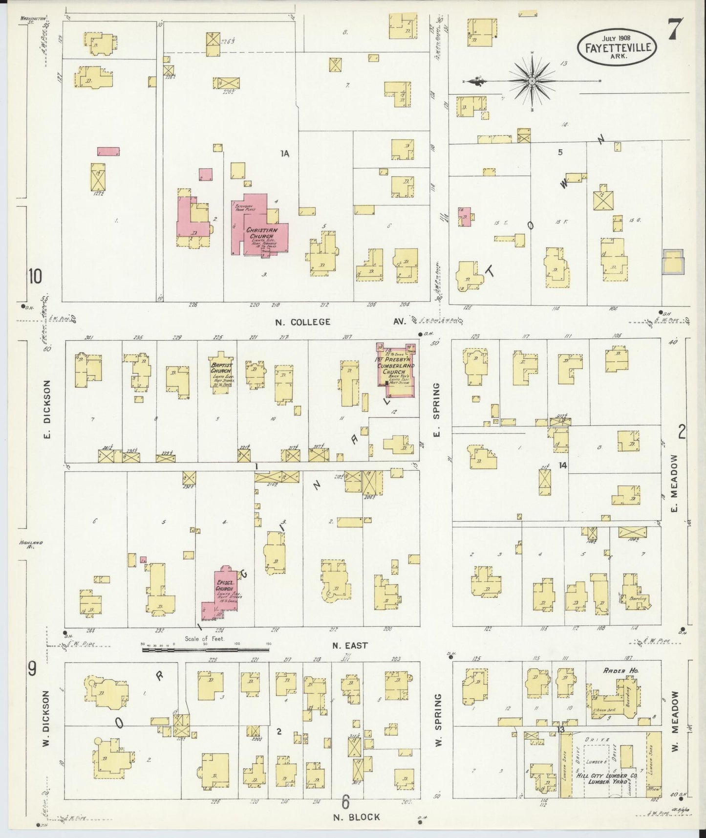 Sanborn Fire Insurance Map from Fayetteville, Washington County, Arkansas (1908), Sheet #0007 - Historic Sanborn Fire Insurance Map Print, vintage old map wall art, antique decor, genealogy gift, Arkansas Arkansas map