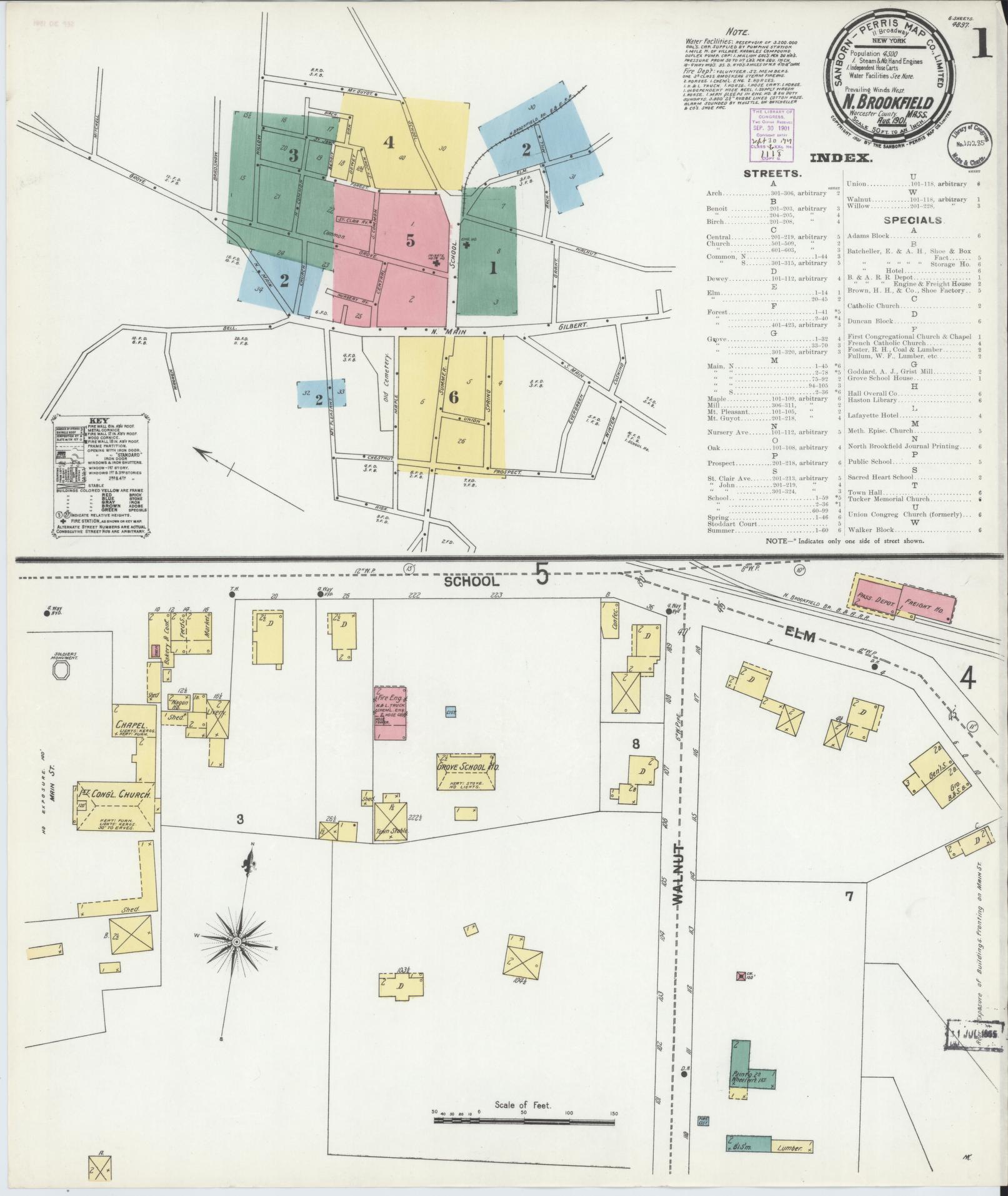 Sanborn Fire Insurance Map from North Brookfield, Worcester County, Massachusetts (1901), Sheet #0001 - Historic Sanborn Fire Insurance Map Print, vintage old map wall art, antique decor, genealogy gift, Massachusetts Massachusetts map