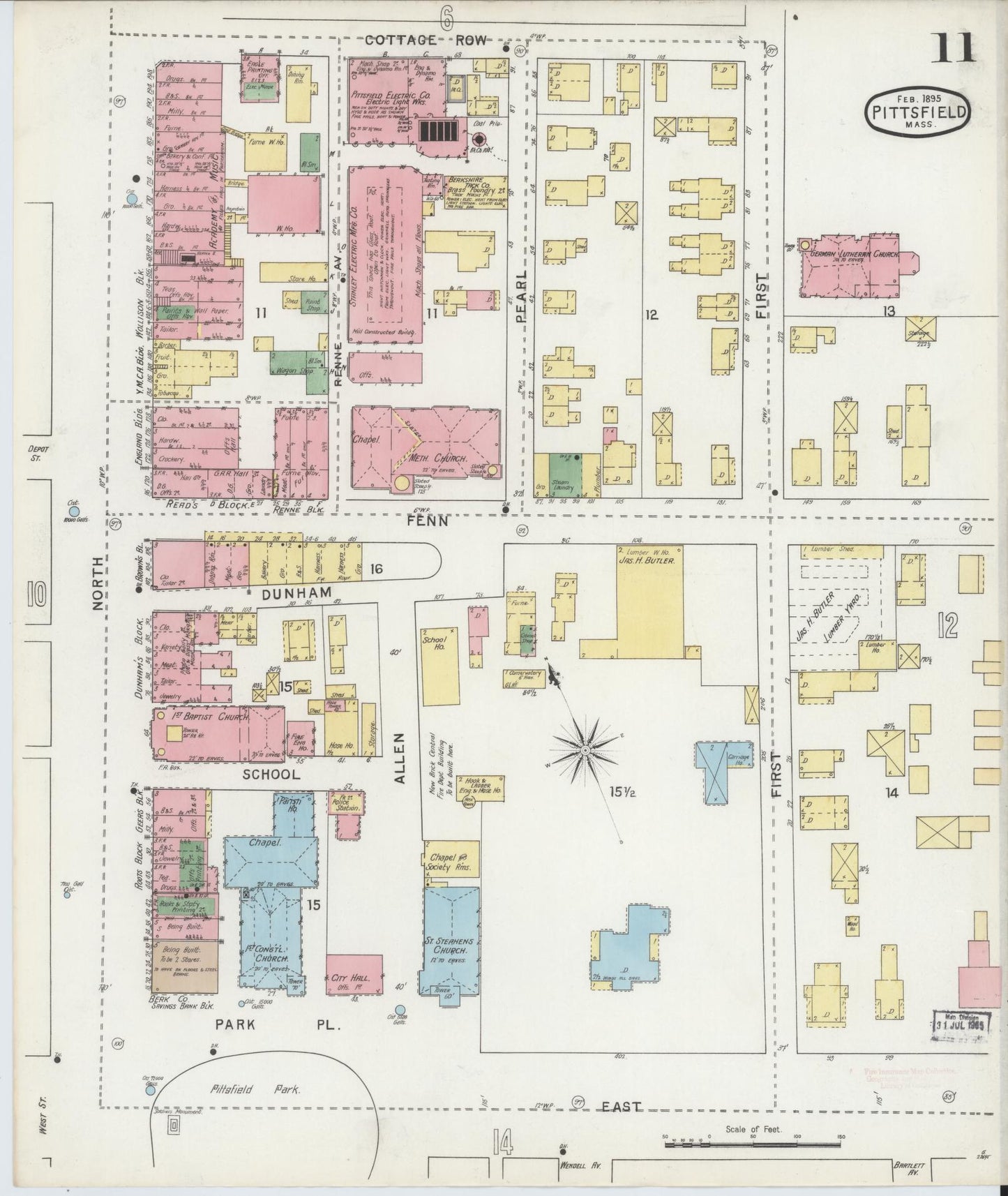 Sanborn Fire Insurance Map from Pittsfield, Berkshire County, Massachusetts (1895), Sheet #0011 - Historic Sanborn Fire Insurance Map Print, vintage old map wall art, antique decor, genealogy gift, Massachusetts Massachusetts map