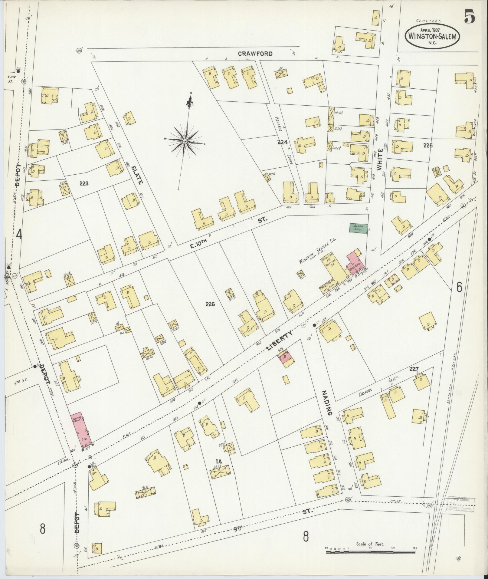 Sanborn Fire Insurance Map from Winston-Salem, Forsyth County, North Carolina (1907), Sheet #0005 - Complete Map Set gallery image, historic Sanborn map, vintage wall art, North Carolina North Carolina