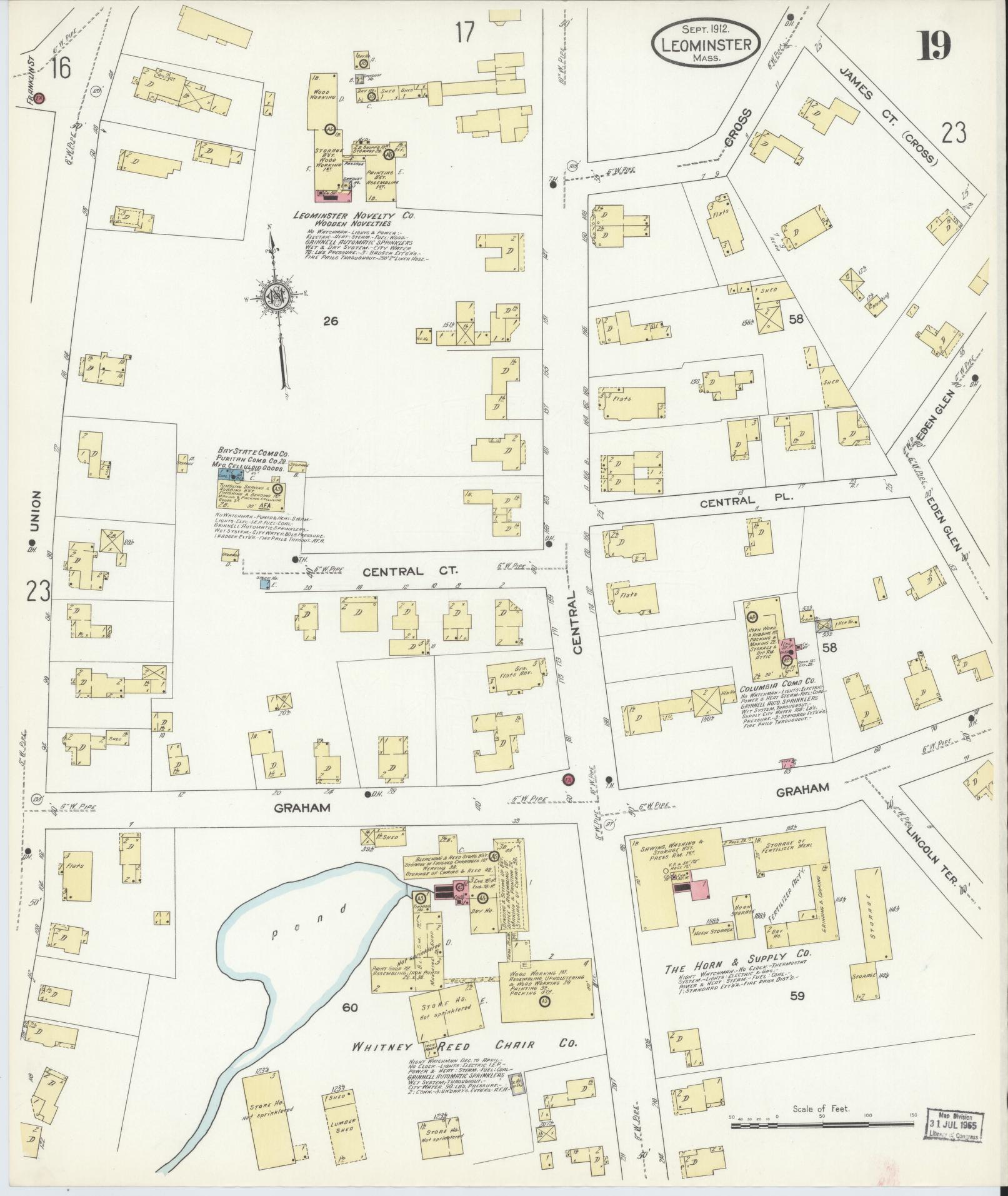 Sanborn Fire Insurance Map from Leominster, Worcester County, Massachusetts (1912), Sheet #0019 - Historic Sanborn Fire Insurance Map Print, vintage old map wall art, antique decor, genealogy gift, Massachusetts Massachusetts map