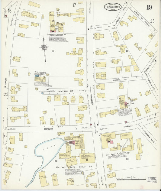 Sanborn Fire Insurance Map from Leominster, Worcester County, Massachusetts (1912), Sheet #0019 - Historic Sanborn Fire Insurance Map Print, vintage old map wall art, antique decor, genealogy gift, Massachusetts Massachusetts map