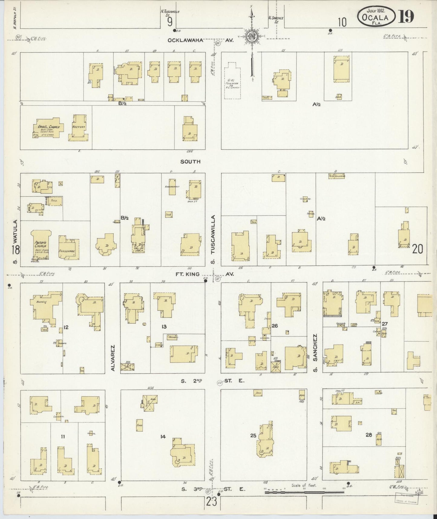 Sanborn Fire Insurance Map from Ocala, Marion County, Florida (1912), Sheet #0019 - Historic Sanborn Fire Insurance Map Print, vintage old map wall art, antique decor, genealogy gift, Florida Florida map