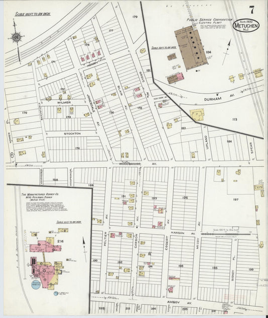 Sanborn Fire Insurance Map from Metuchen, Middlesex County, New Jersey (1920), Sheet #0007 - Historic Sanborn Fire Insurance Map Print, vintage old map wall art, antique decor, genealogy gift, New Jersey New Jersey map