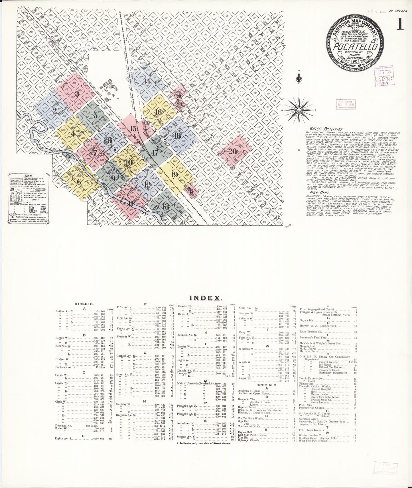 Sanborn Fire Insurance Map from Pocatello, Bannock County, Idaho (1907), Sheet #0001 - Complete Map Set gallery image, historic Sanborn map, vintage wall art, Idaho Idaho