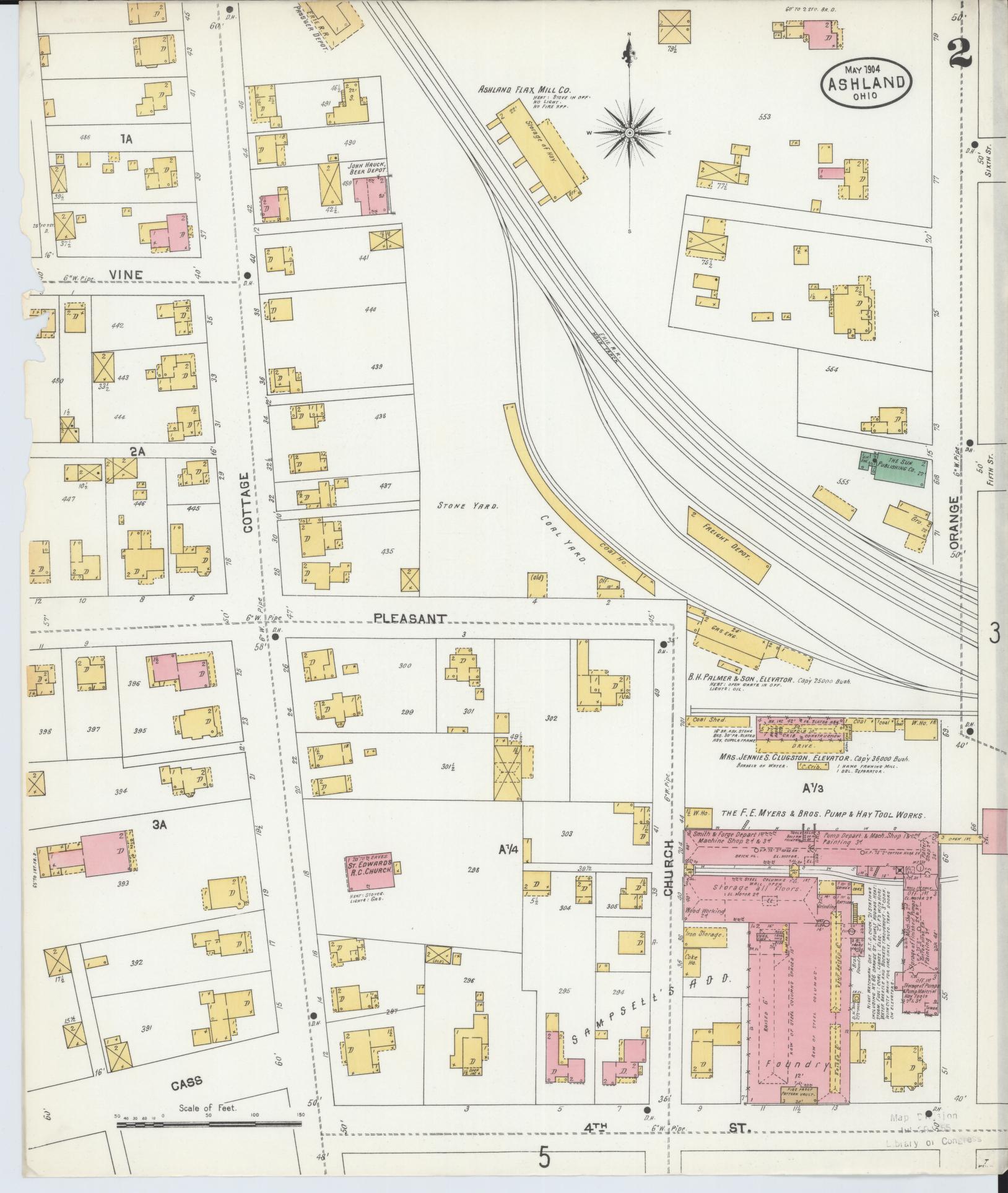 Sanborn Fire Insurance Map from Ashland, Ashland County, Ohio (1904), Sheet #0002 - Historic Sanborn Fire Insurance Map Print, vintage old map wall art, antique decor, genealogy gift, Ohio Ohio map