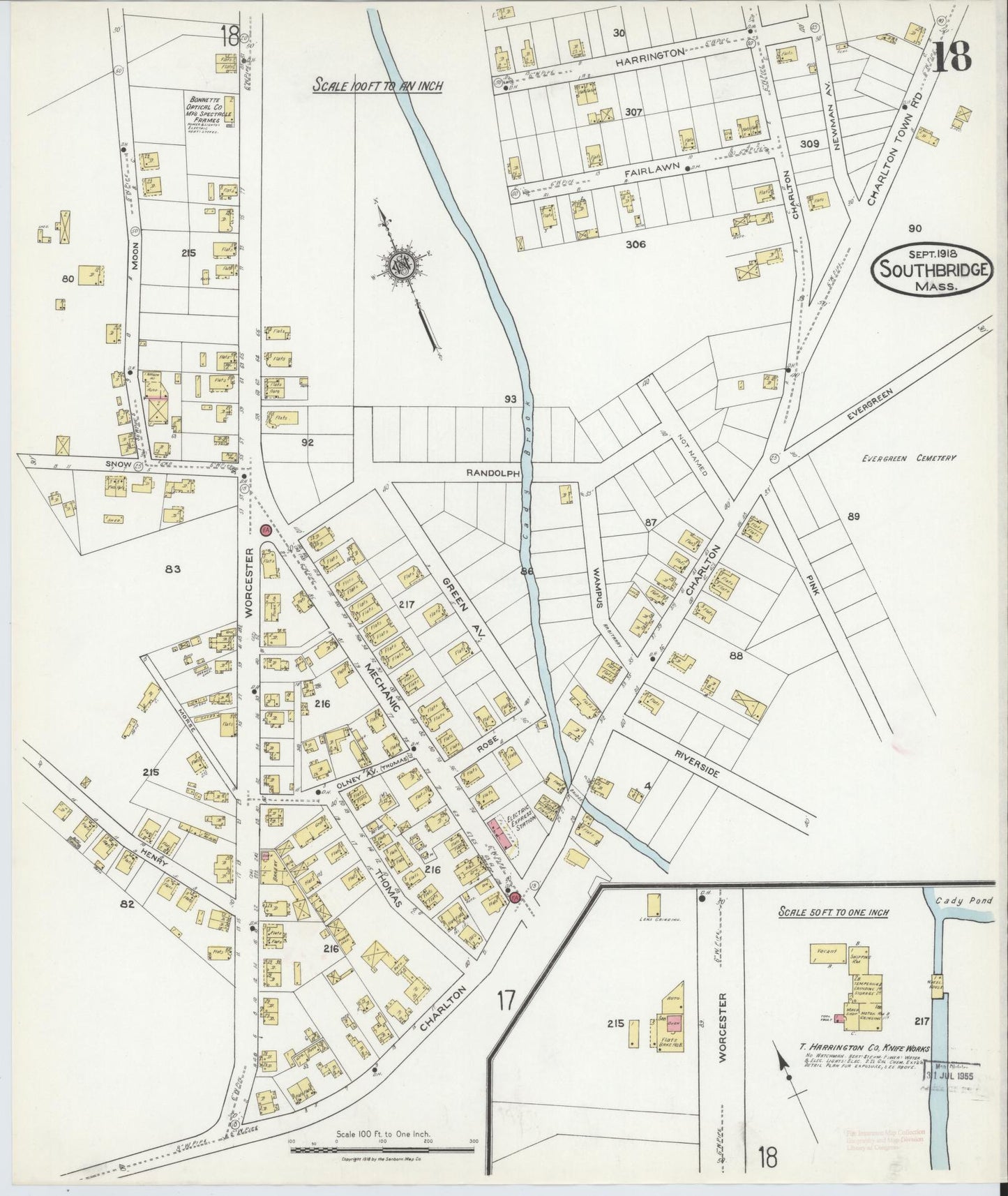 Sanborn Fire Insurance Map from Southbridge, Worcester County, Massachusetts (1918), Sheet #0018 - Historic Sanborn Fire Insurance Map Print, vintage old map wall art, antique decor, genealogy gift, Massachusetts Massachusetts map