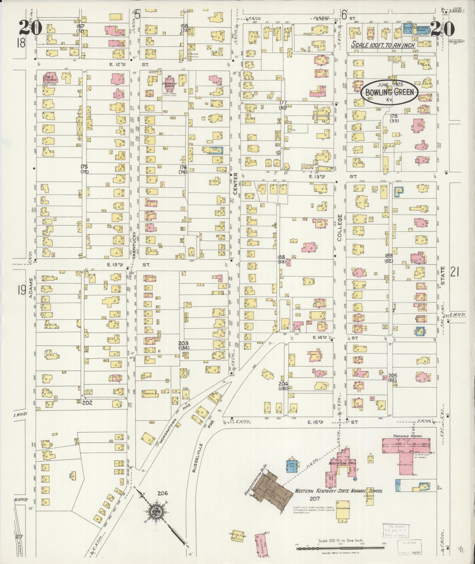 Sanborn Fire Insurance Map from Bowling Green, Warren County, Kentucky (1925), Sheet #0020 - Historic Sanborn Fire Insurance Map Print, vintage old map wall art, antique decor, genealogy gift, Kentucky Kentucky map