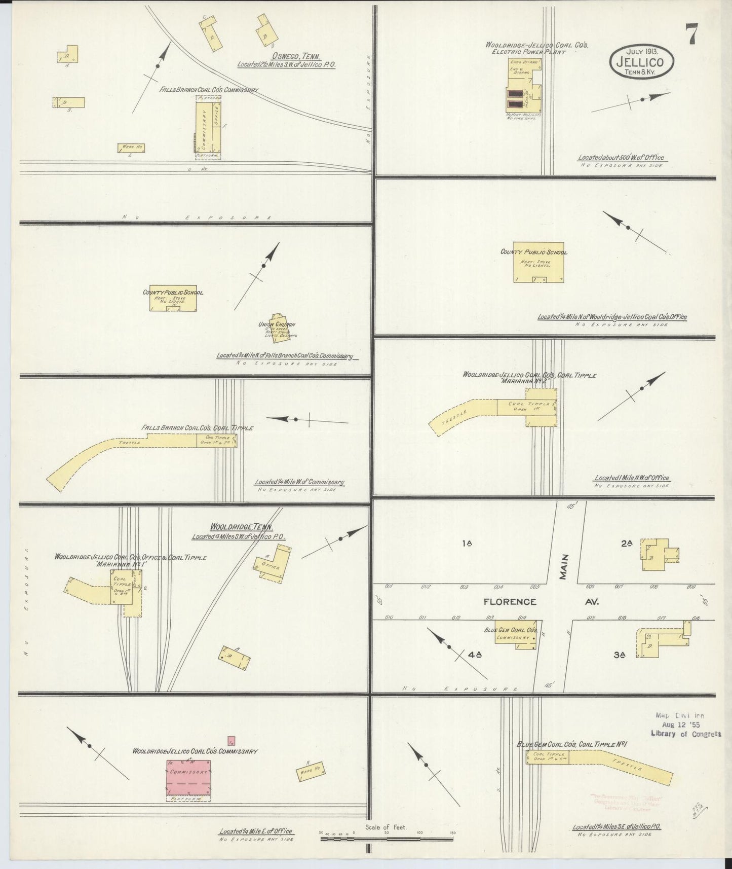 Sanborn Fire Insurance Map from Jellico, Whitley County, Ky., and Campbell County, Tenna, Kentucky (1913), Sheet #0007 - Historic Sanborn Fire Insurance Map Print, vintage old map wall art, antique decor, genealogy gift, Kentucky Kentucky map
