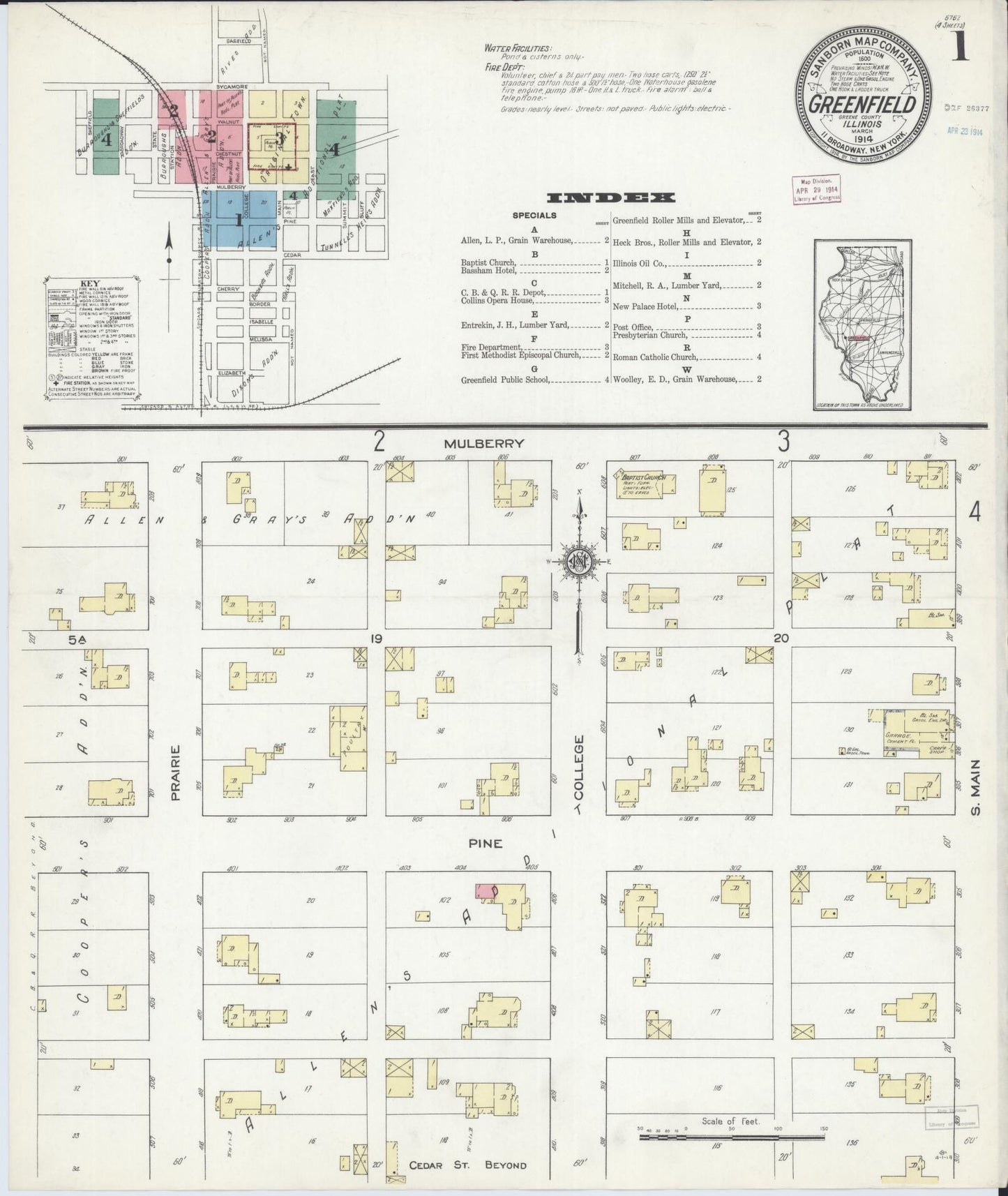 Sanborn Fire Insurance Map from Greenfield, Greene County, Illinois (1914), Sheet #0001 - Complete Map Set gallery image, historic Sanborn map, vintage wall art, Illinois Illinois