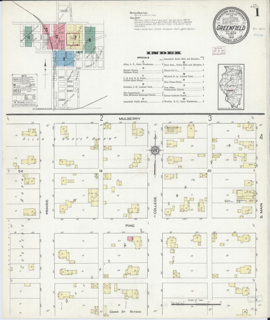 Sanborn Fire Insurance Map from Greenfield, Greene County, Illinois (1914), Sheet #0001 - Complete Map Set gallery image, historic Sanborn map, vintage wall art, Illinois Illinois
