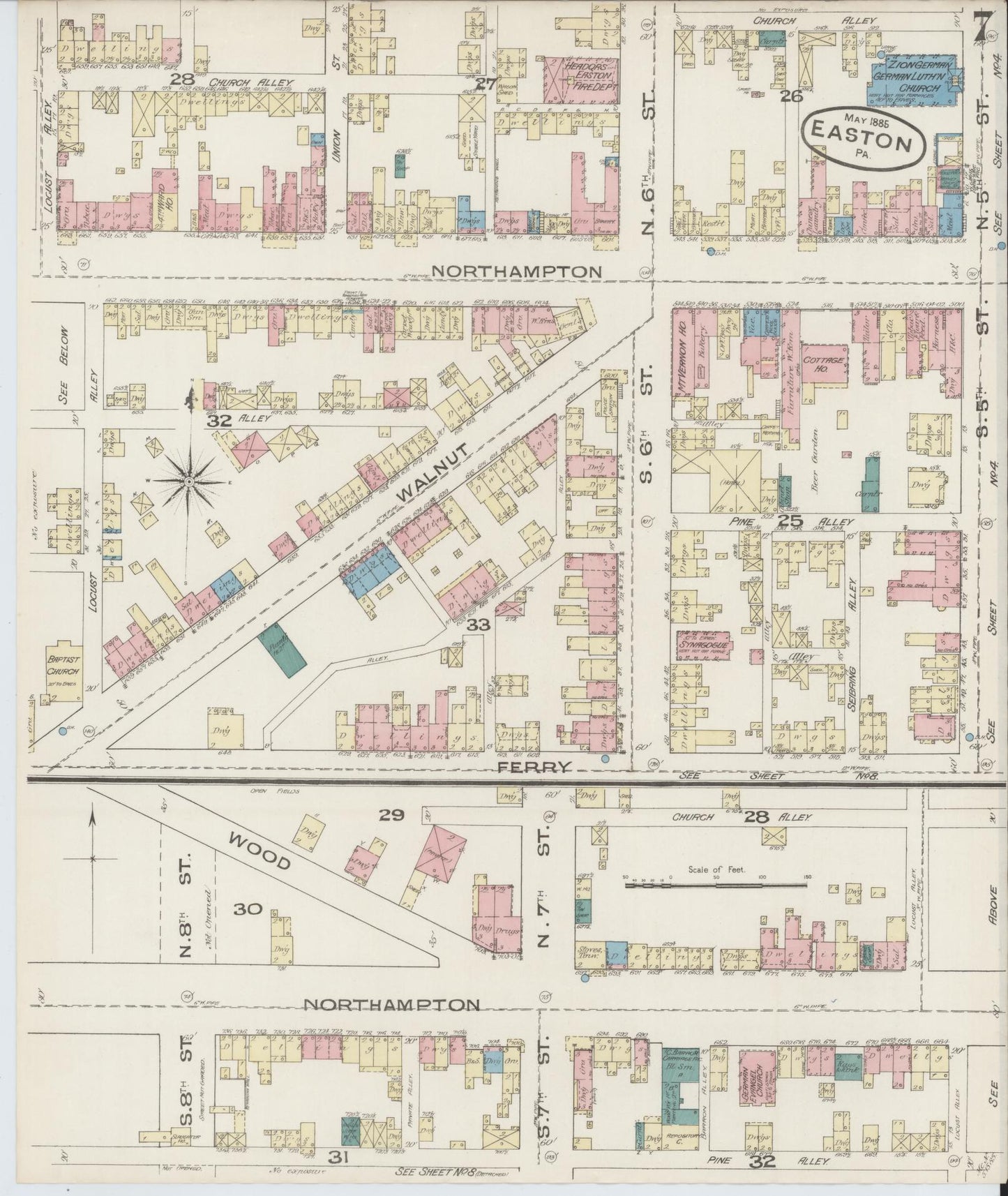 Sanborn Fire Insurance Map from Easton, Northampton County, Pennsylvania (1885), Sheet #0007 - Historic Sanborn Fire Insurance Map Print, vintage old map wall art, antique decor, genealogy gift, Pennsylvania Pennsylvania map