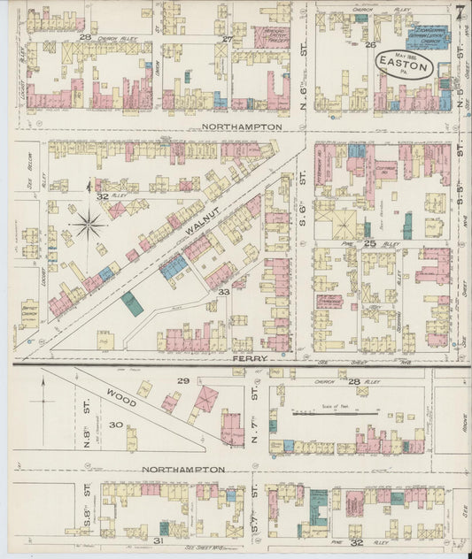 Sanborn Fire Insurance Map from Easton, Northampton County, Pennsylvania (1885), Sheet #0007 - Historic Sanborn Fire Insurance Map Print, vintage old map wall art, antique decor, genealogy gift, Pennsylvania Pennsylvania map