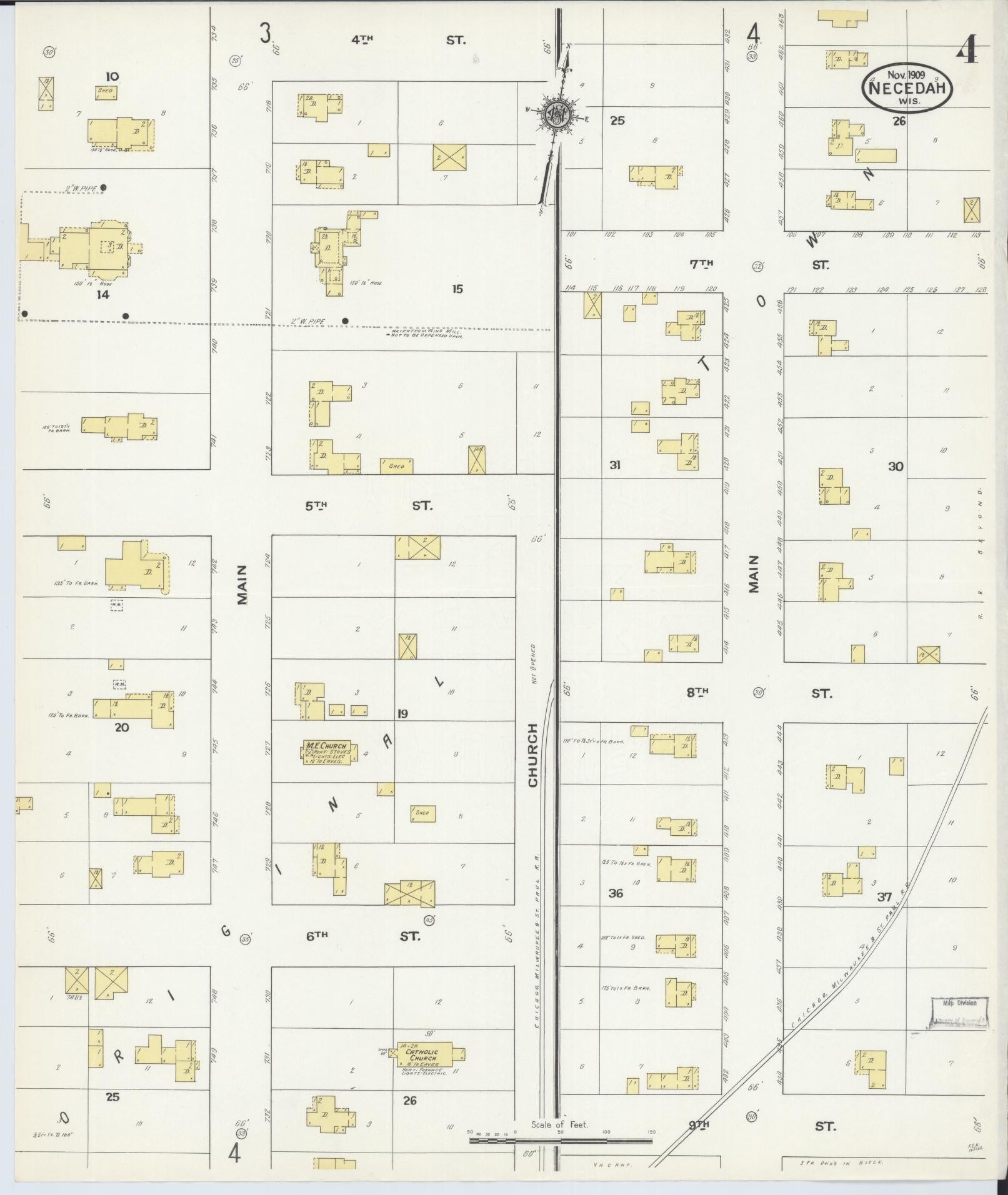 Sanborn Fire Insurance Map from Necedah, Juneau County, Wisconsin (1909), Sheet #0004 - Complete Map Set gallery image, historic Sanborn map, vintage wall art, Wisconsin Wisconsin