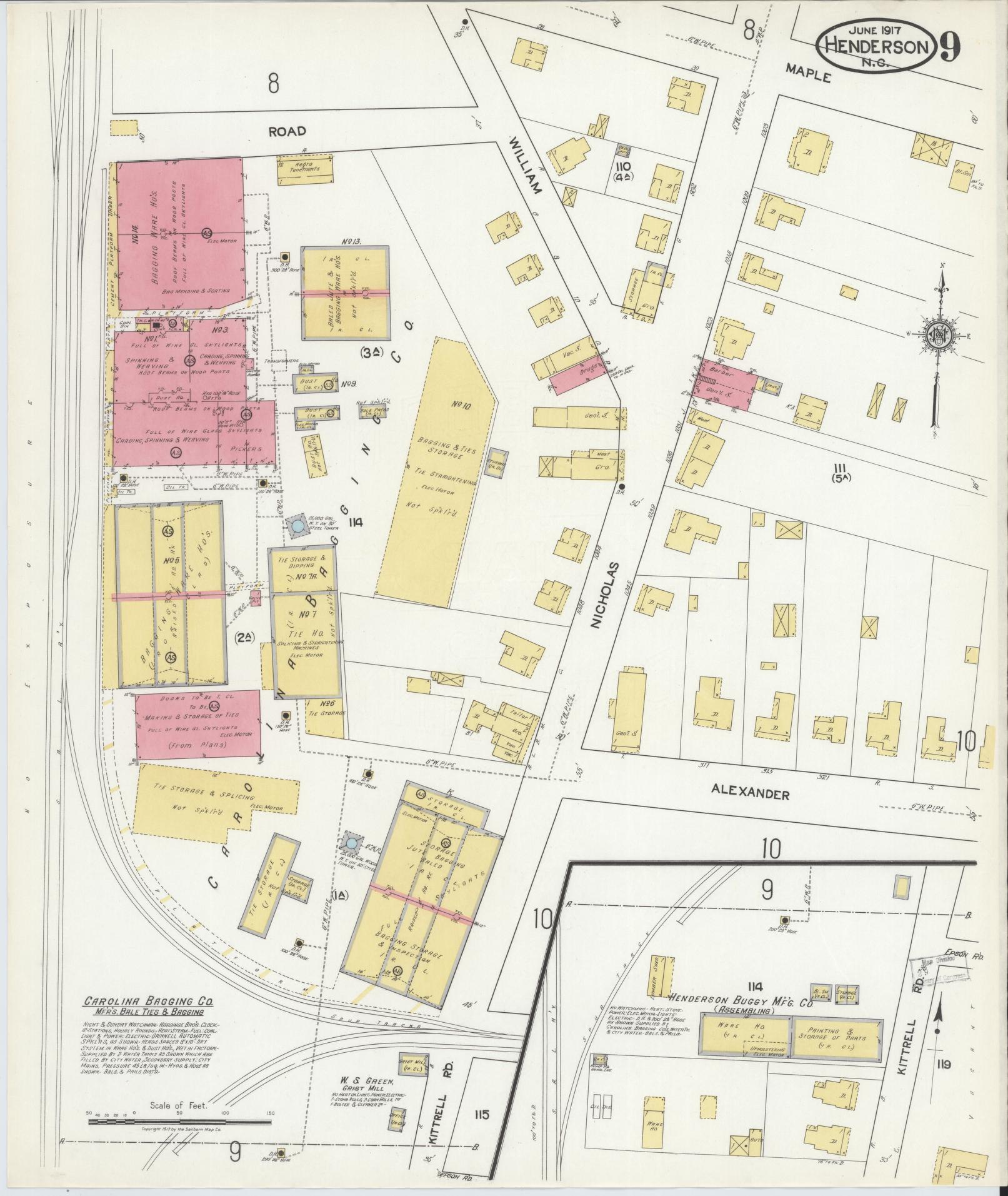 Sanborn Fire Insurance Map from Henderson, Vance County, North Carolina (1917), Sheet #0009 - Historic Sanborn Fire Insurance Map Print, vintage old map wall art, antique decor, genealogy gift, North Carolina North Carolina map