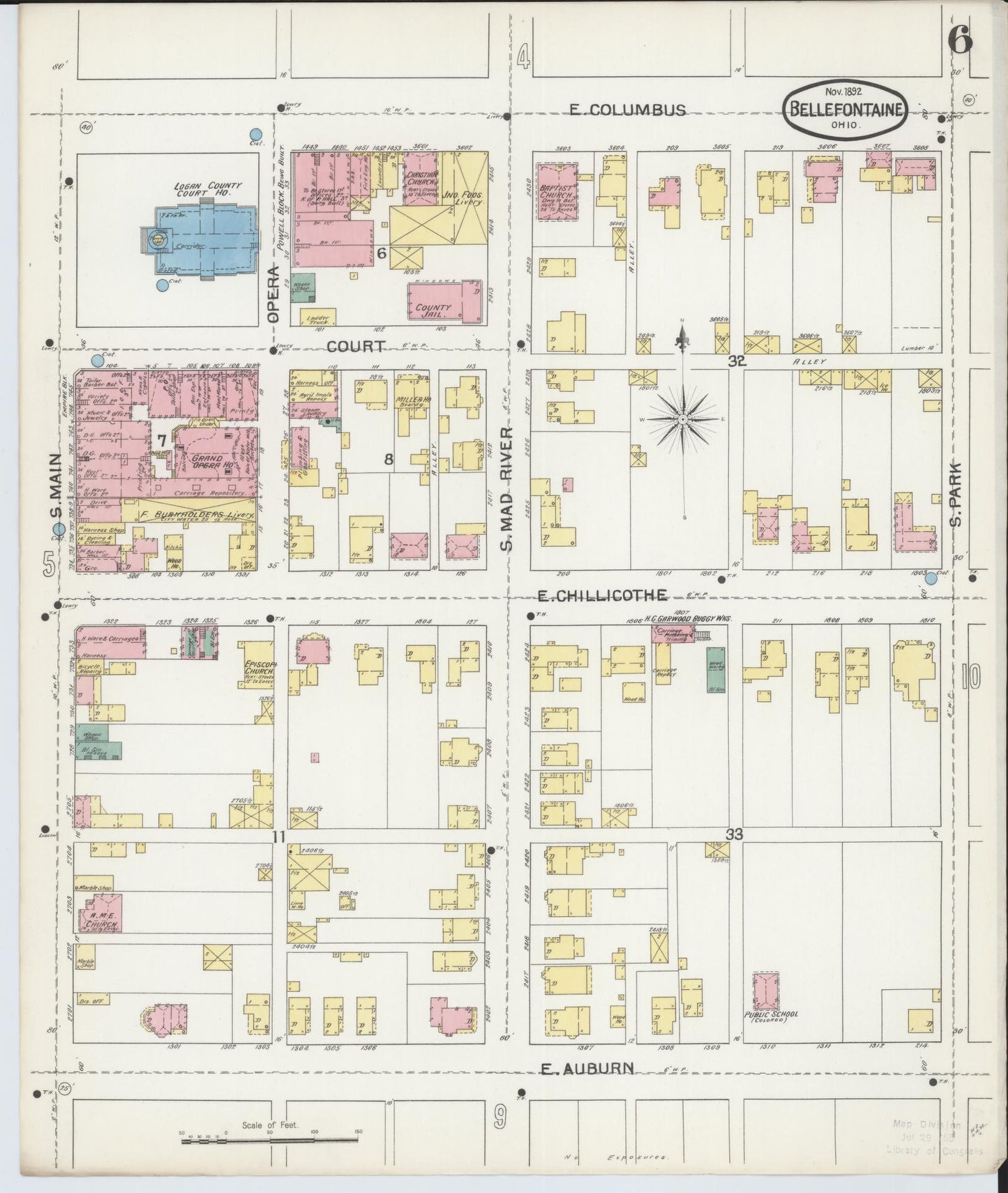 Sanborn Fire Insurance Map from Bellefontaine, Logan County, Ohio (1892), Sheet #0006 - Historic Sanborn Fire Insurance Map Print, vintage old map wall art, antique decor, genealogy gift, Ohio Ohio map