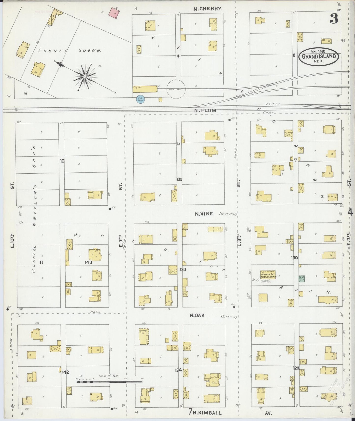 Sanborn Fire Insurance Map from Grand Island, Hall County, Nebraska (1905), Sheet #0003 - Historic Sanborn Fire Insurance Map Print, vintage old map wall art, antique decor, genealogy gift, Nebraska Nebraska map