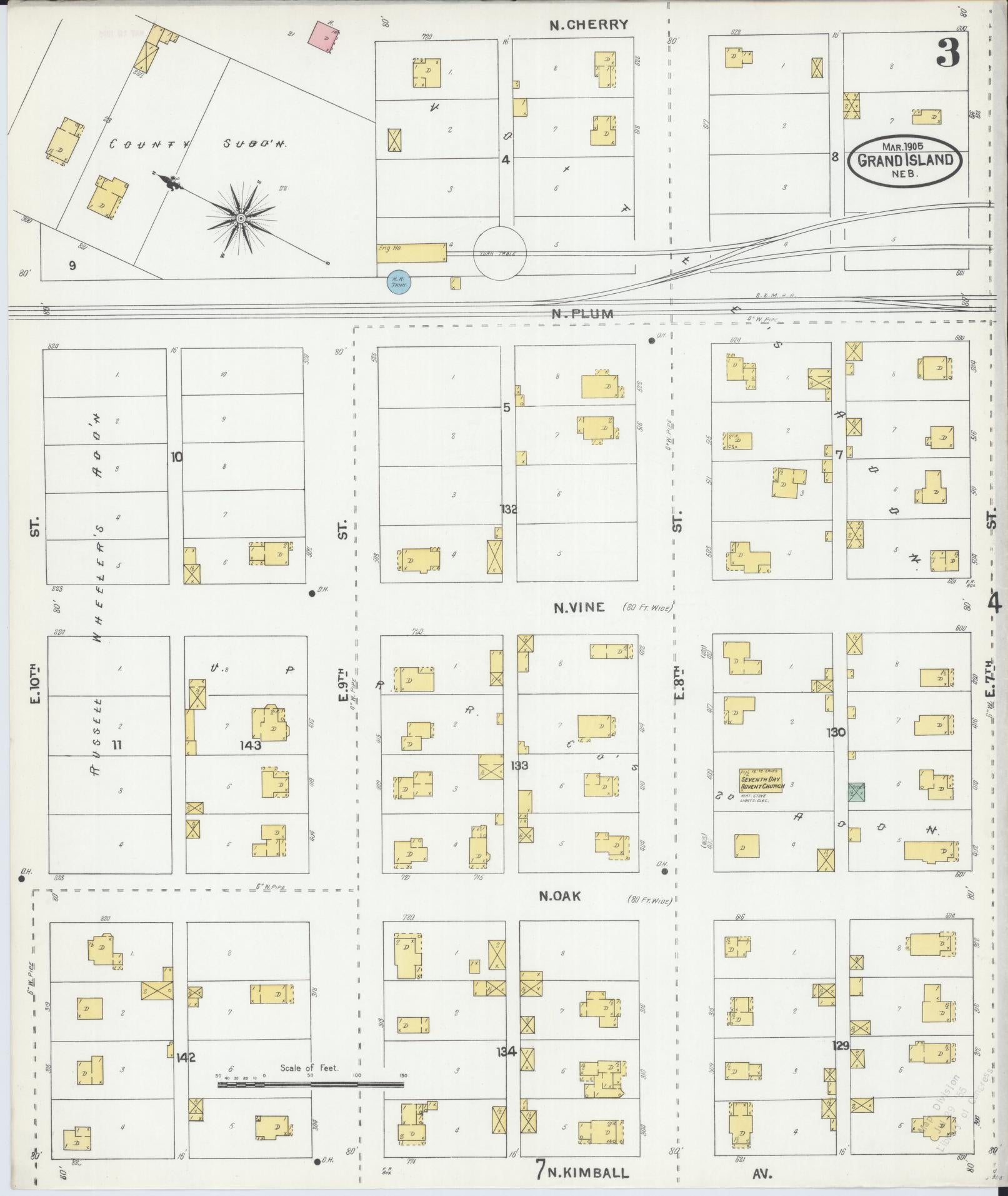 Sanborn Fire Insurance Map from Grand Island, Hall County, Nebraska (1905), Sheet #0003 - Historic Sanborn Fire Insurance Map Print, vintage old map wall art, antique decor, genealogy gift, Nebraska Nebraska map