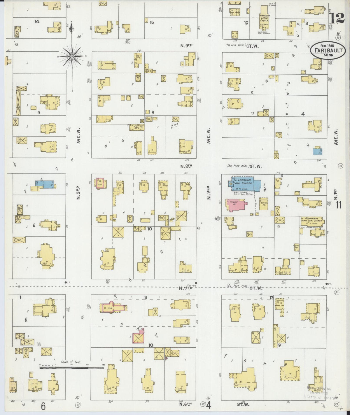 Sanborn Fire Insurance Map from Faribault, Rice County, Minnesota (1905), Sheet #0012 - Historic Sanborn Fire Insurance Map Print, vintage old map wall art, antique decor, genealogy gift, Minnesota Minnesota map