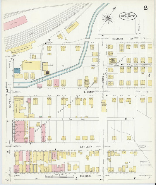 Sanborn Fire Insurance Map from Pocahontas, Tazewell County, Virginia (1908), Sheet #0002 - Historic Sanborn Fire Insurance Map Print, vintage old map wall art, antique decor, genealogy gift, Virginia Virginia map