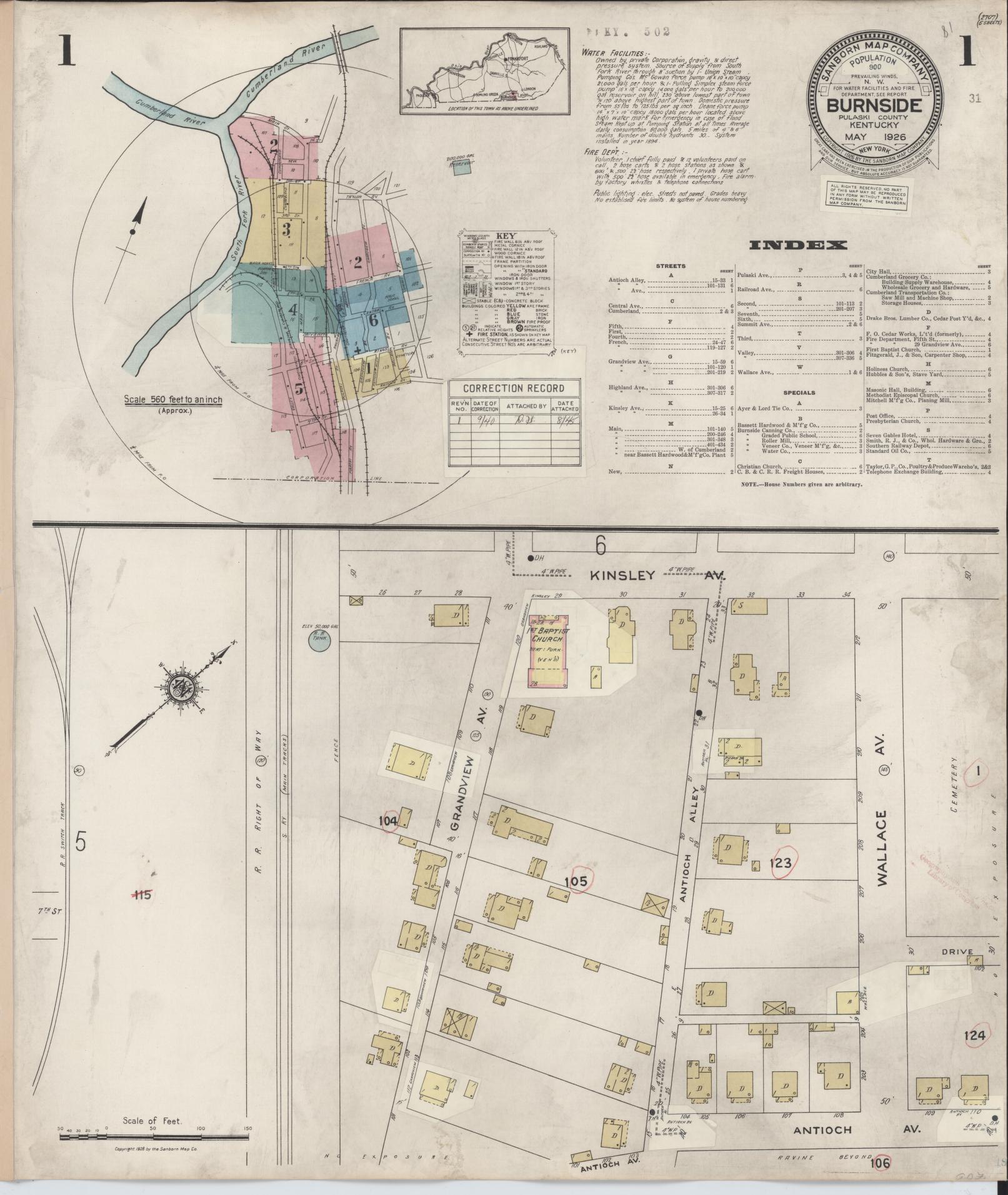Sanborn Fire Insurance Map from Burnside, Pulaski County, Kentucky (1940), Sheet #0001 - Complete Map Set gallery image, historic Sanborn map, vintage wall art, Kentucky Kentucky