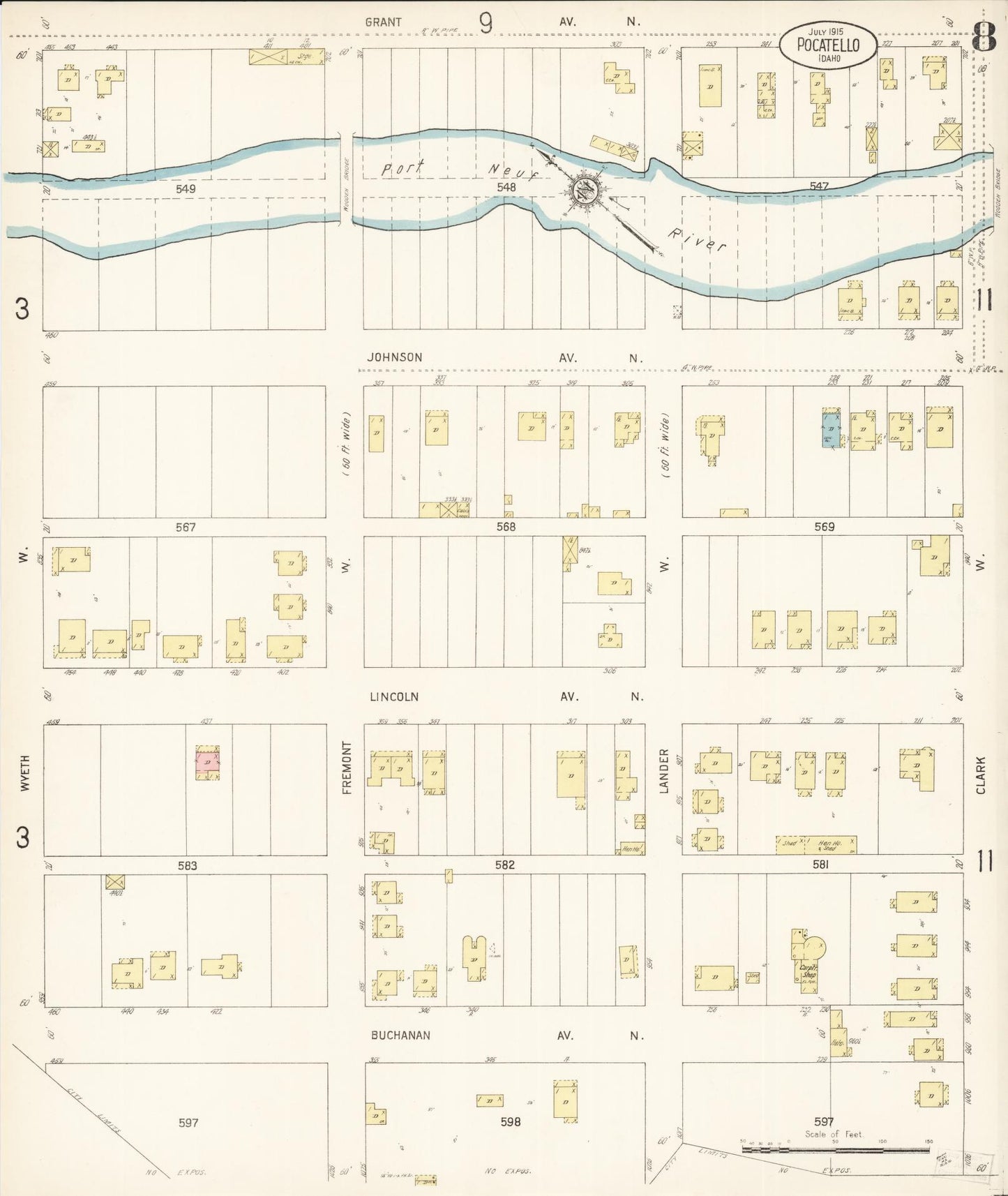 Sanborn Fire Insurance Map from Pocatello, Bannock County, Idaho (1915), Sheet #0008 - Historic Sanborn Fire Insurance Map Print, vintage old map wall art, antique decor, genealogy gift, Idaho Idaho map